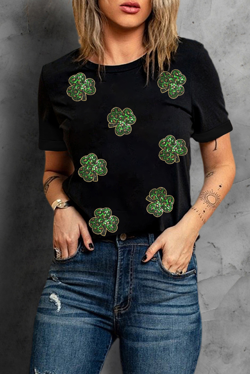 Black Sequin Leopard Clover Graphic Crewneck St Patrick Tee - loveforevers