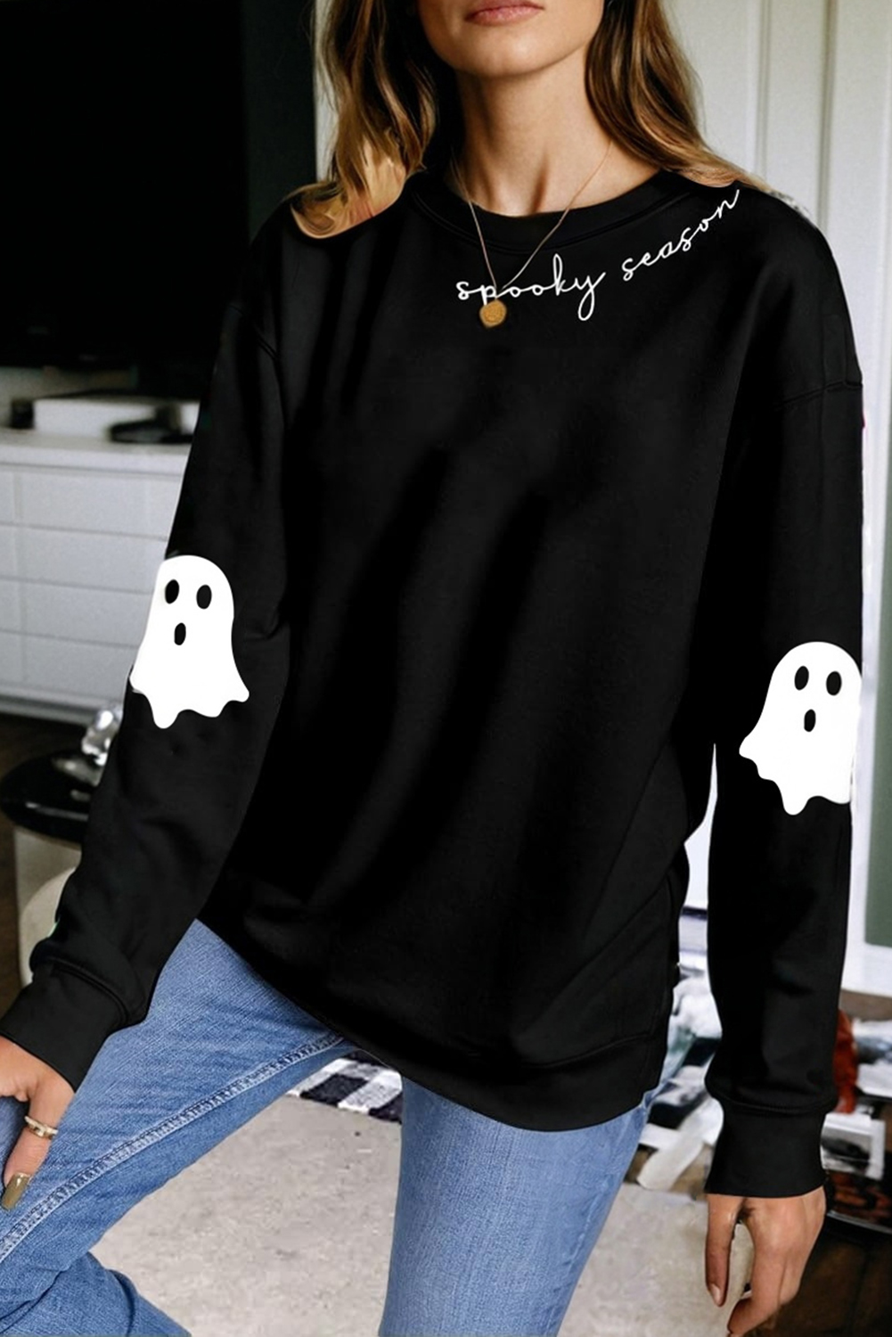 Black Spooky Season Halloween Ghost Printed Drop Shoulder Sweatshirt - loveforevers