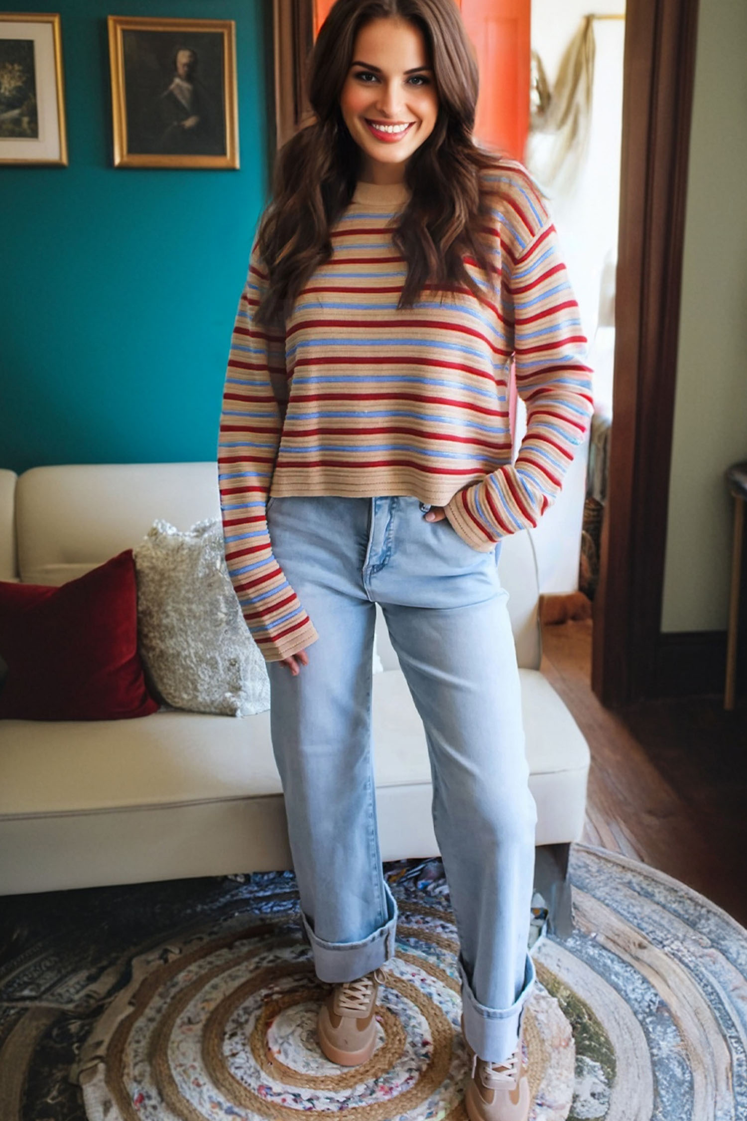 Khaki Stripe Drop Shoulder Cropped Long Sleeve Fall Sweater - loveforevers