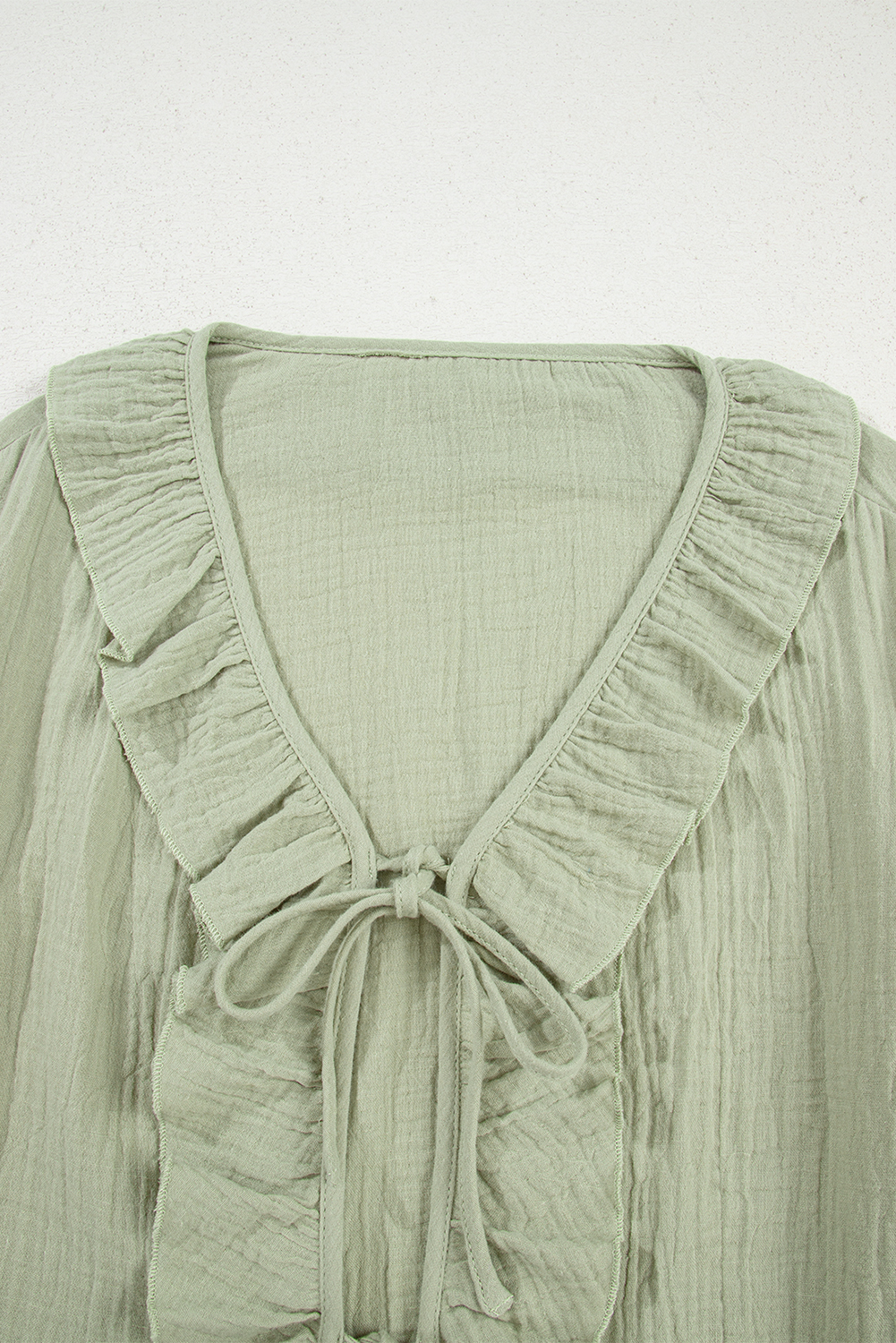 Meadow Mist Green Bow Tie Front Ruffle Trim V Neck Long Sleeve Gauze Blouse - loveforevers