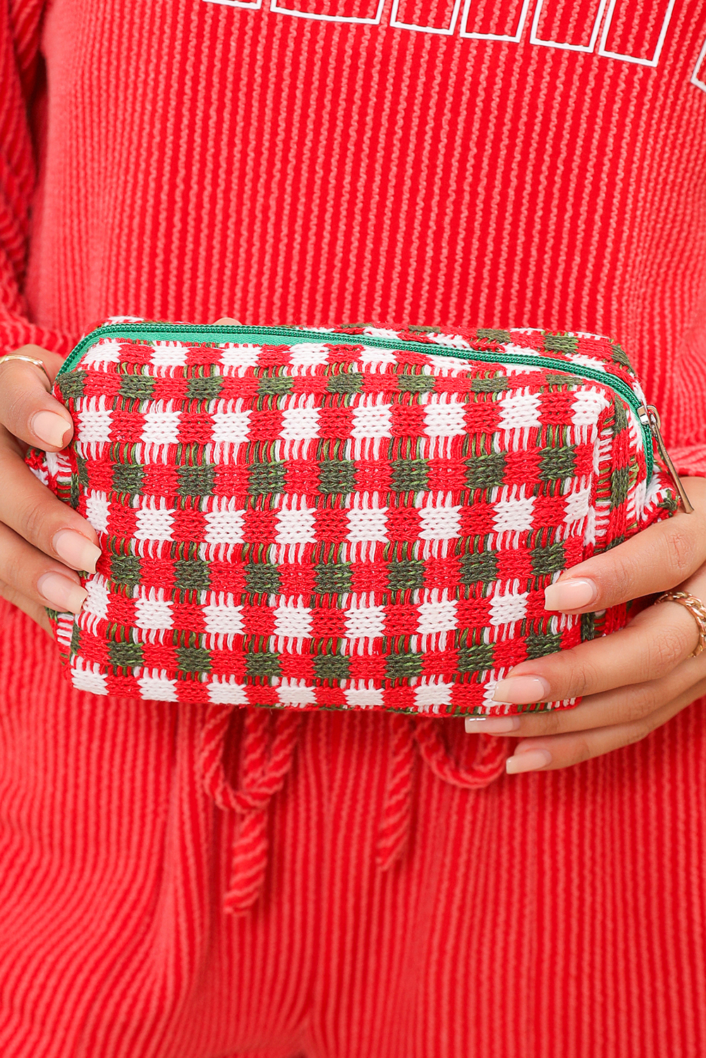 Racing Red Christmas Style Crochet Zipper Square Makeup Bag - loveforevers