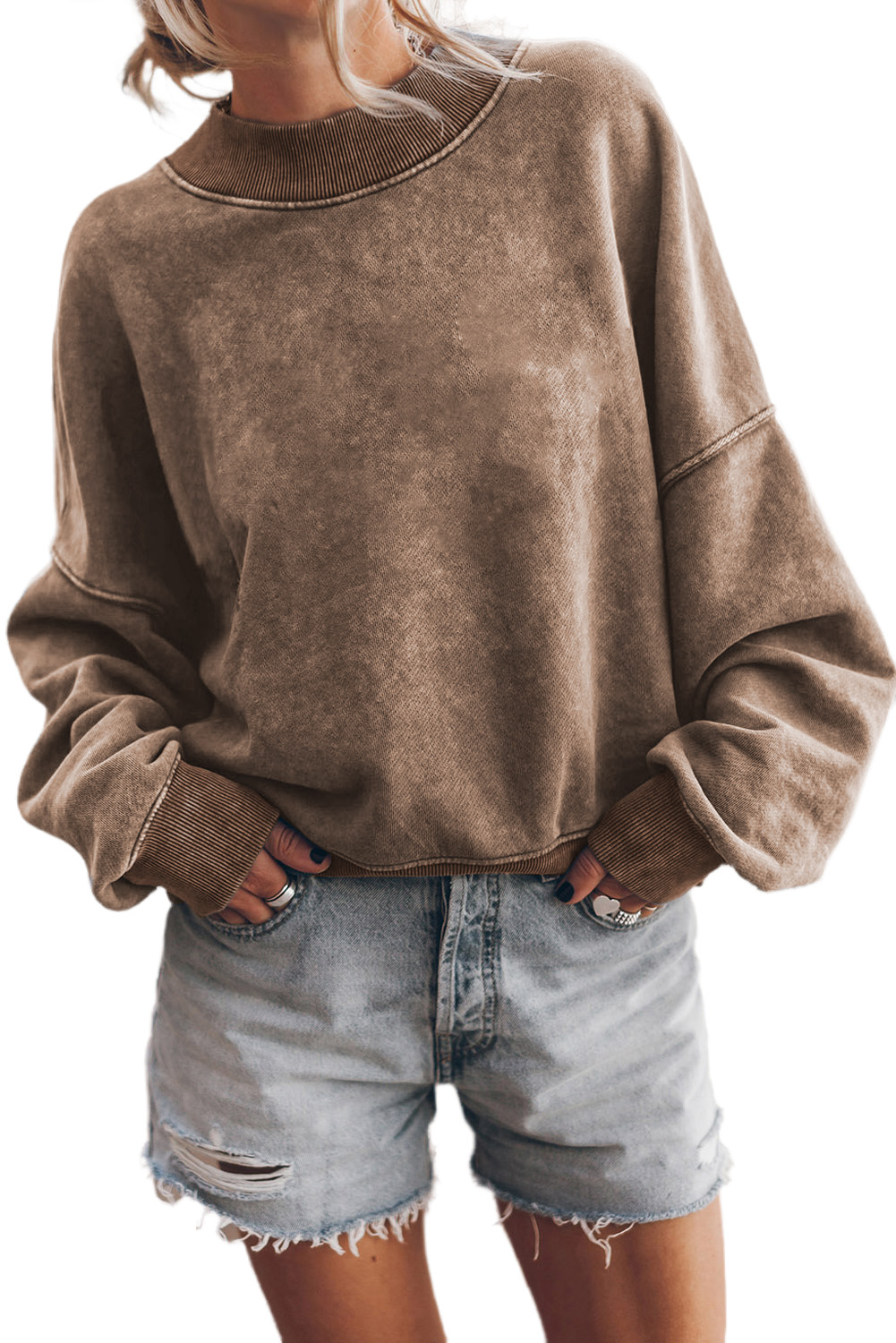 Brown Drop Shoulder Crew Neck Pullover Sweatshirt - loveforevers