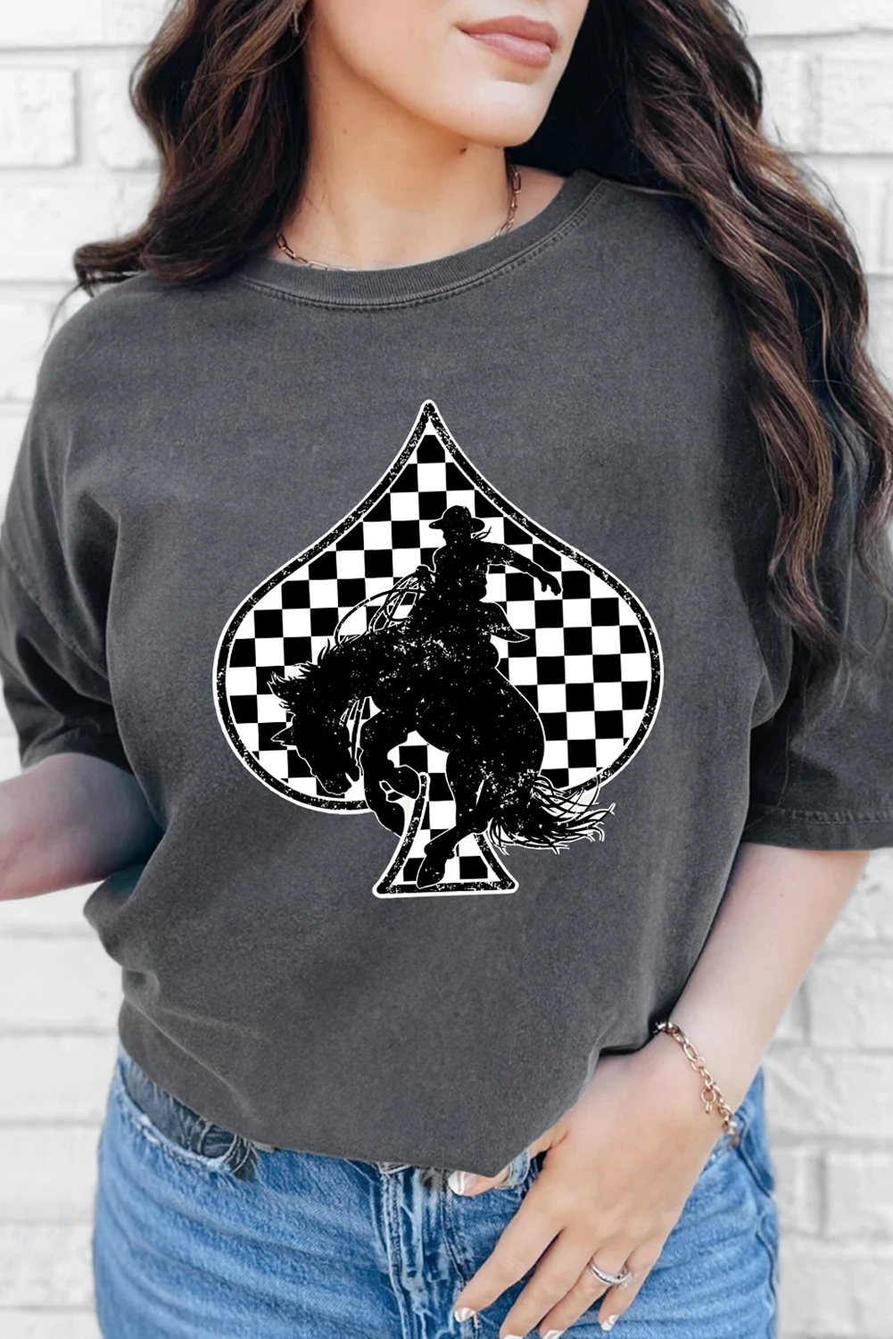 Gray Redeo Check Spades Western Graphic T Shirt - loveforevers