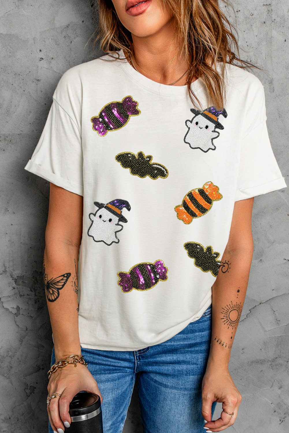 White Sequined Halloween Spirit Pattern Patched Custom Casual Tee - loveforevers