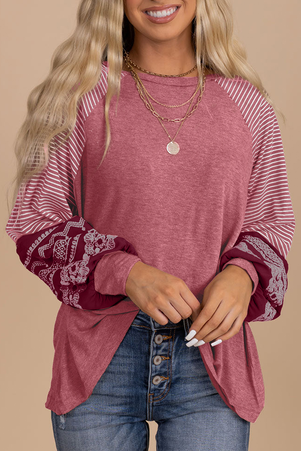 Tillandsia Purple Contrast Print Striped Raglan Long Sleeve Loose Top - loveforevers