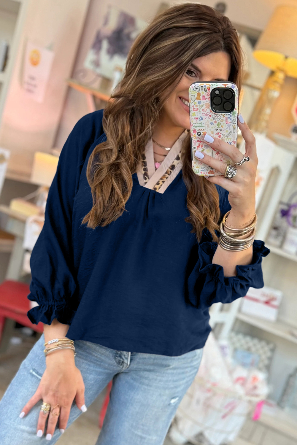 Dirty blue Leopard Trim V Neck Flounced Bracelet Sleeve Blouse - loveforevers
