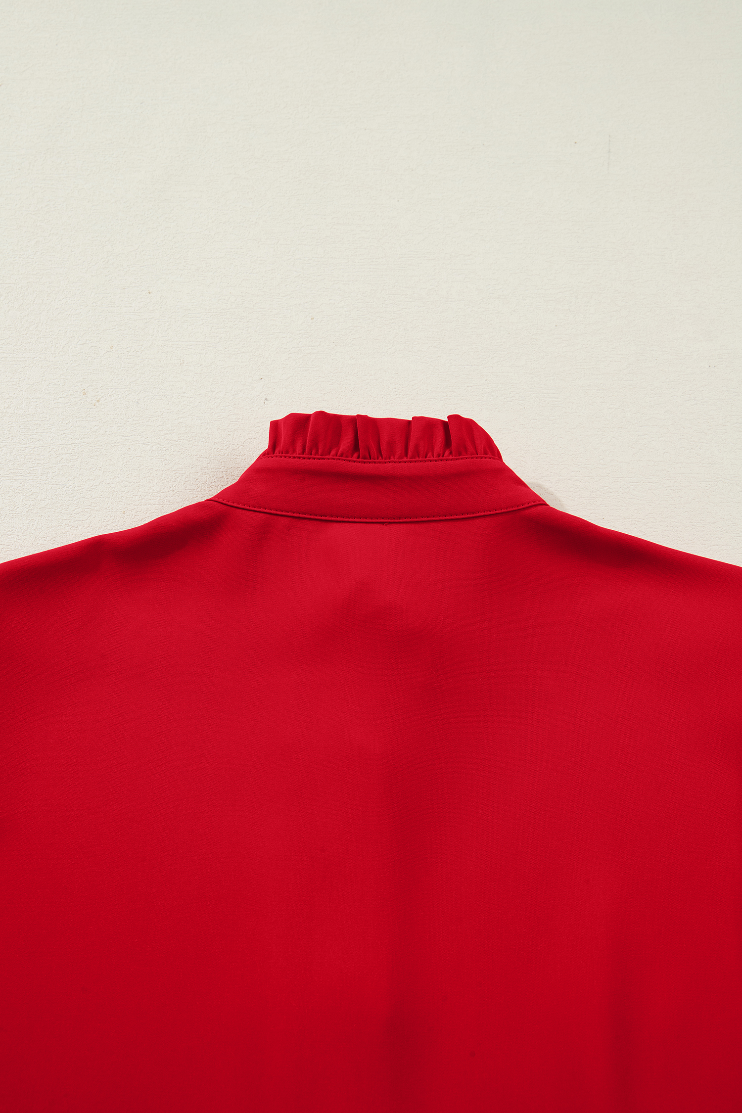 Fiery Red Frilled Trim Button Up Pleated Long Sleeve Shirt - loveforevers