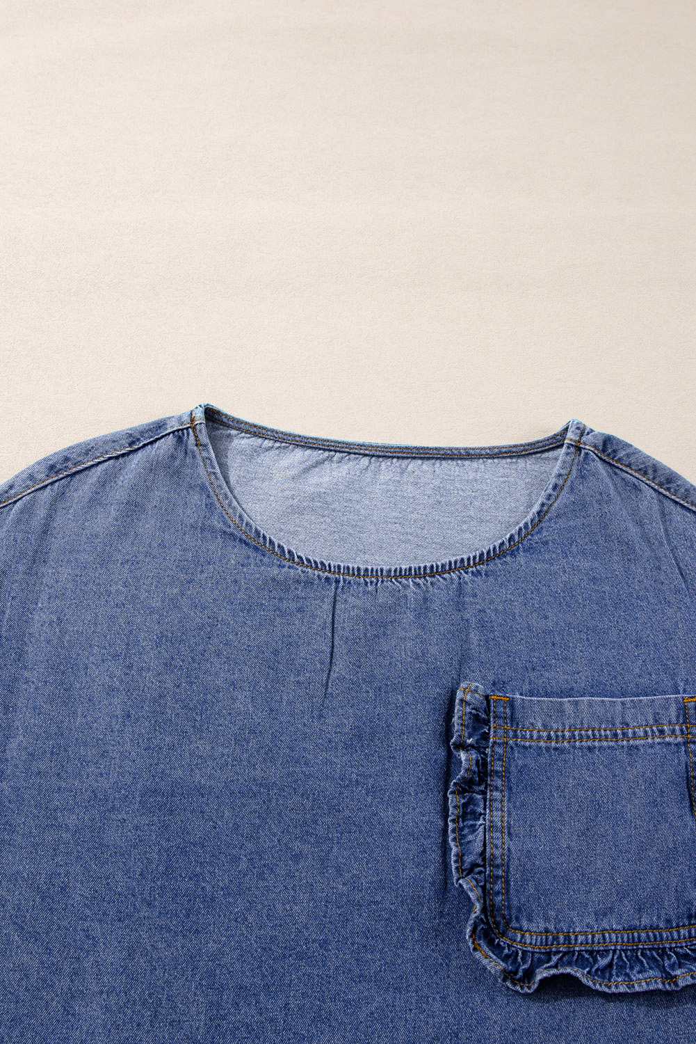 Sky Blue 3/4 Sleeve Ruffled Patched Pocket Denim Blouse - loveforevers