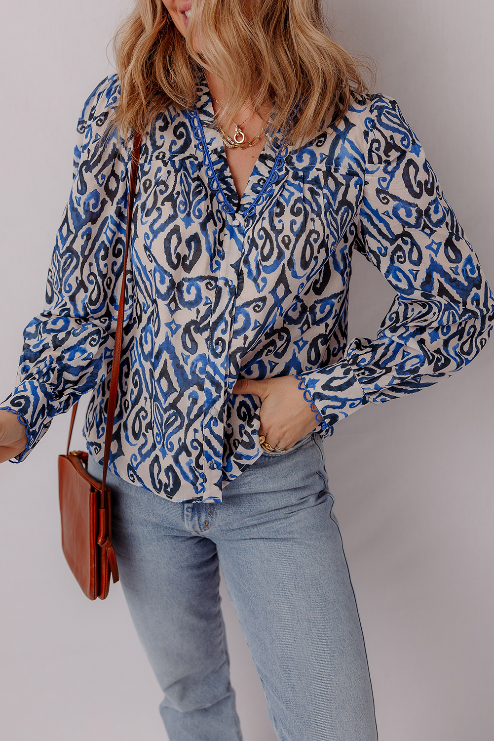 Blue Bohemian Print Embroidered V Neckline Detail Long Sleeve Shirt - loveforevers
