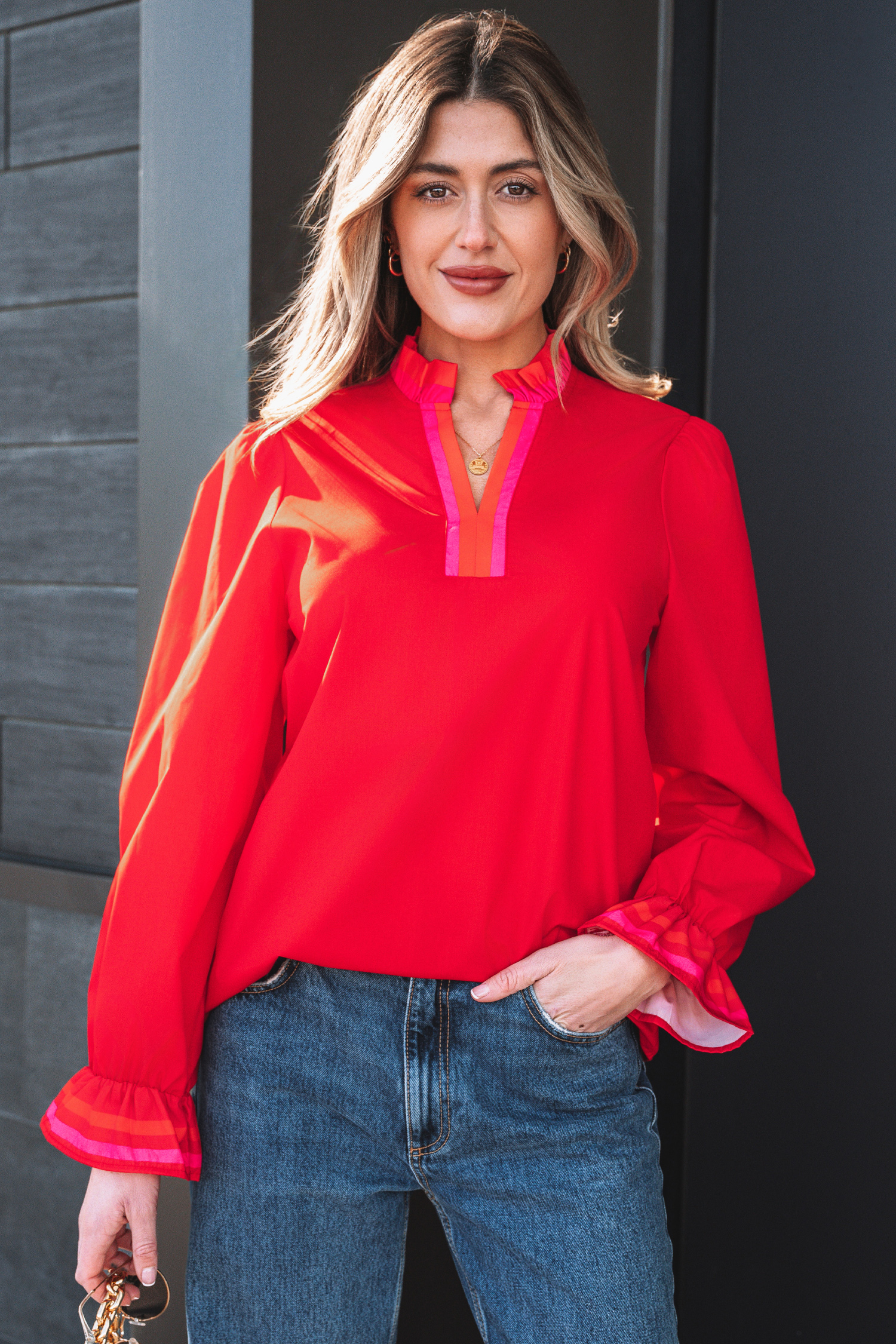 Four Leaf Clover Striped Trim Ruffle Split Neck Long Sleeve Blouse - loveforevers