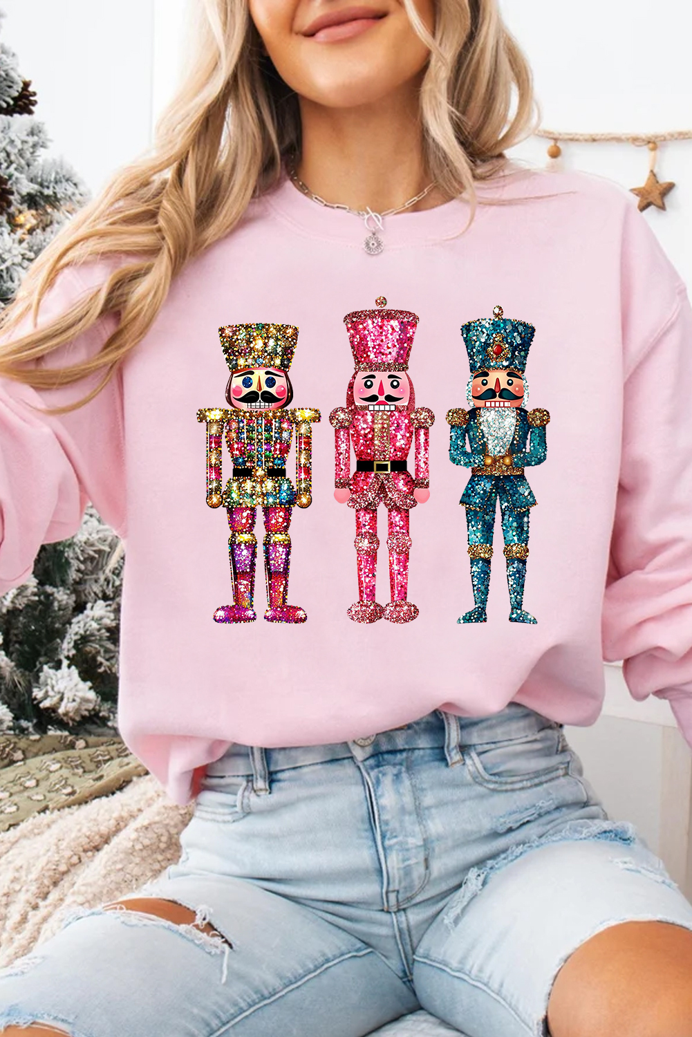 Pink Shimmer Nutcracker Graphic Christmas Pullover Sweatshirt - loveforevers