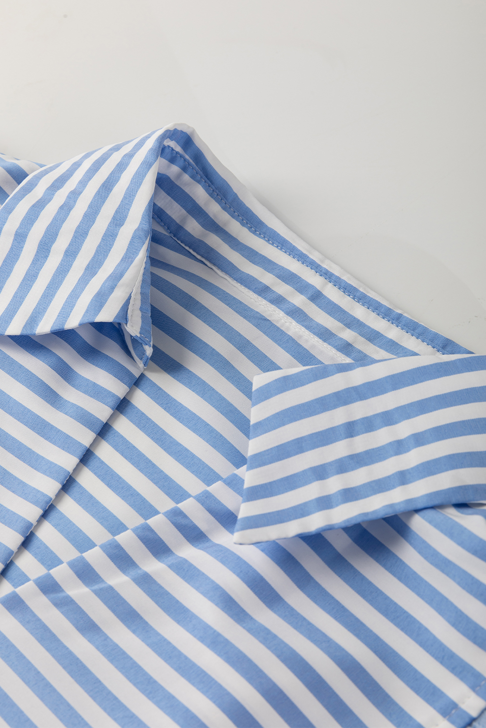 Sky Blue Stripe Shirt Collar V Neck Ricrac Trim 3/4 Puff Sleeve Blouse - loveforevers