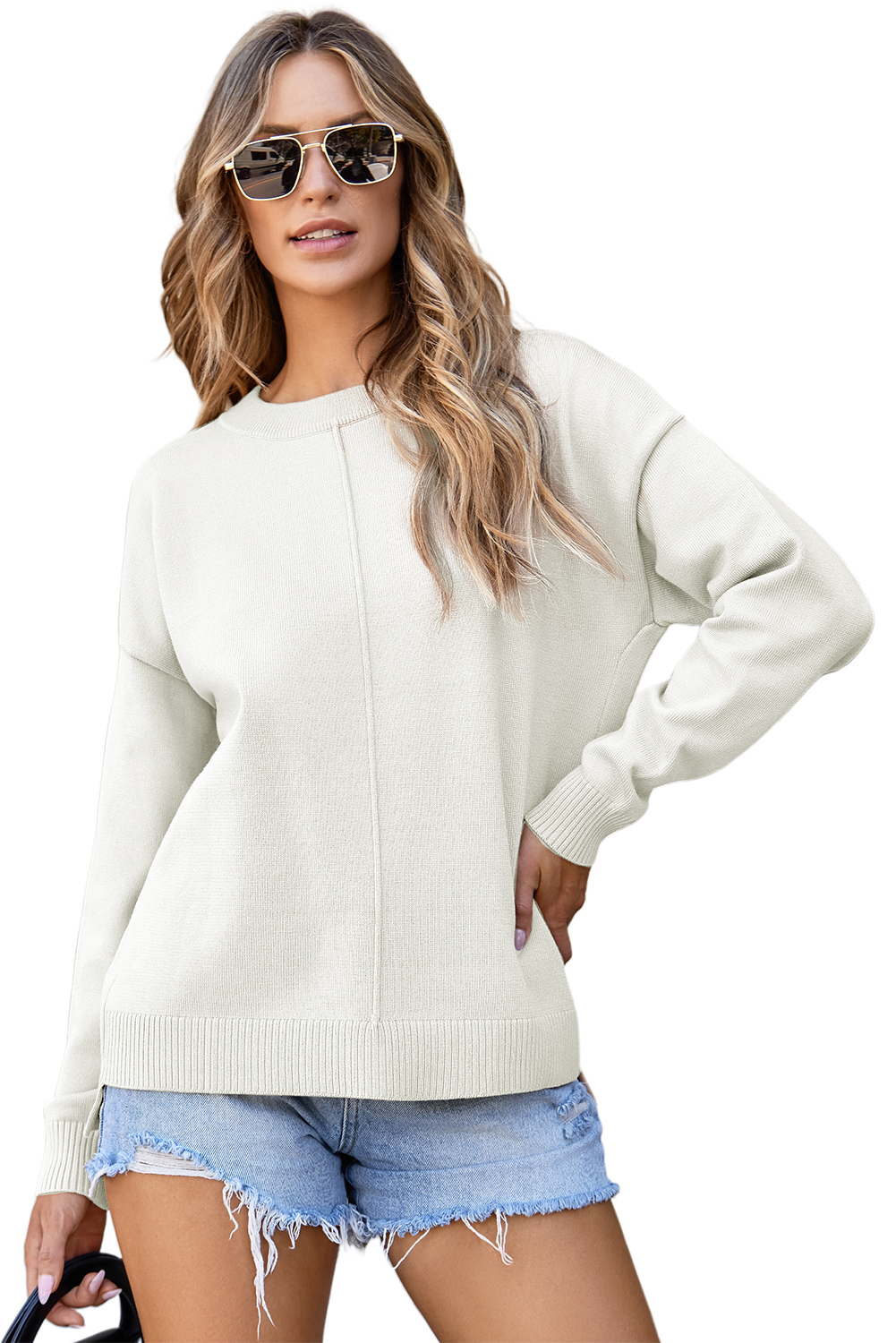 White Front Center Seam Drop Shoulder Pullover Solid Sweater - loveforevers