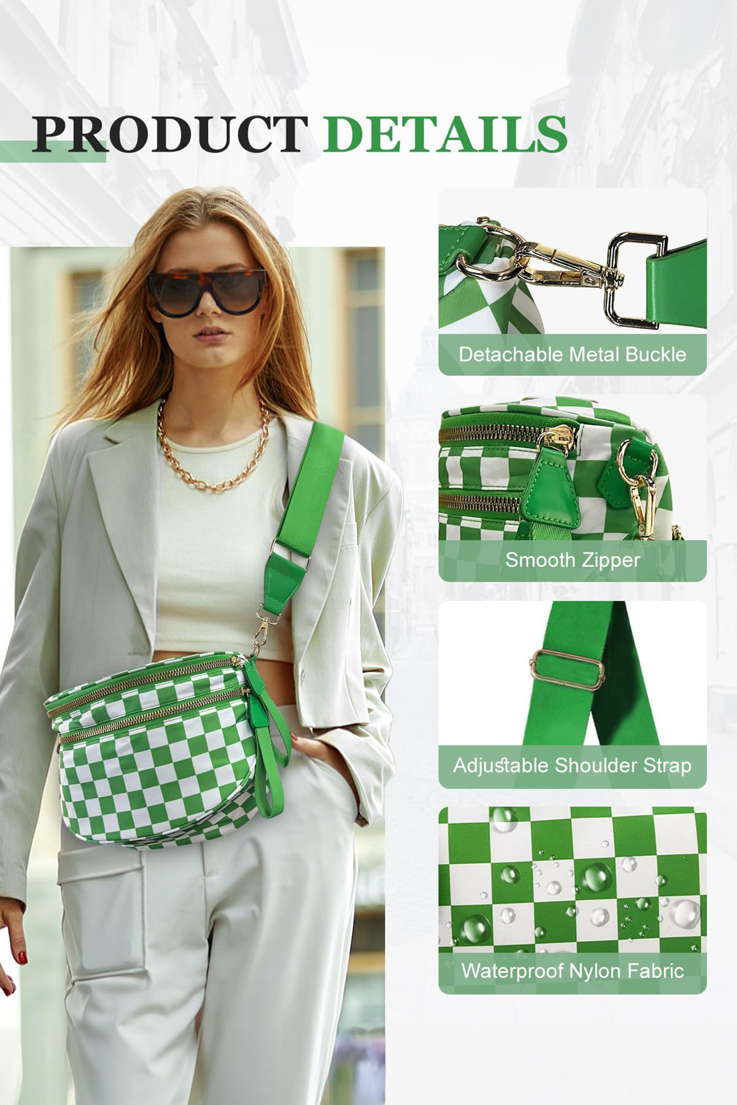 Jungle Green Double Zip Crescent Shape Adjustable Sling Bag - loveforevers