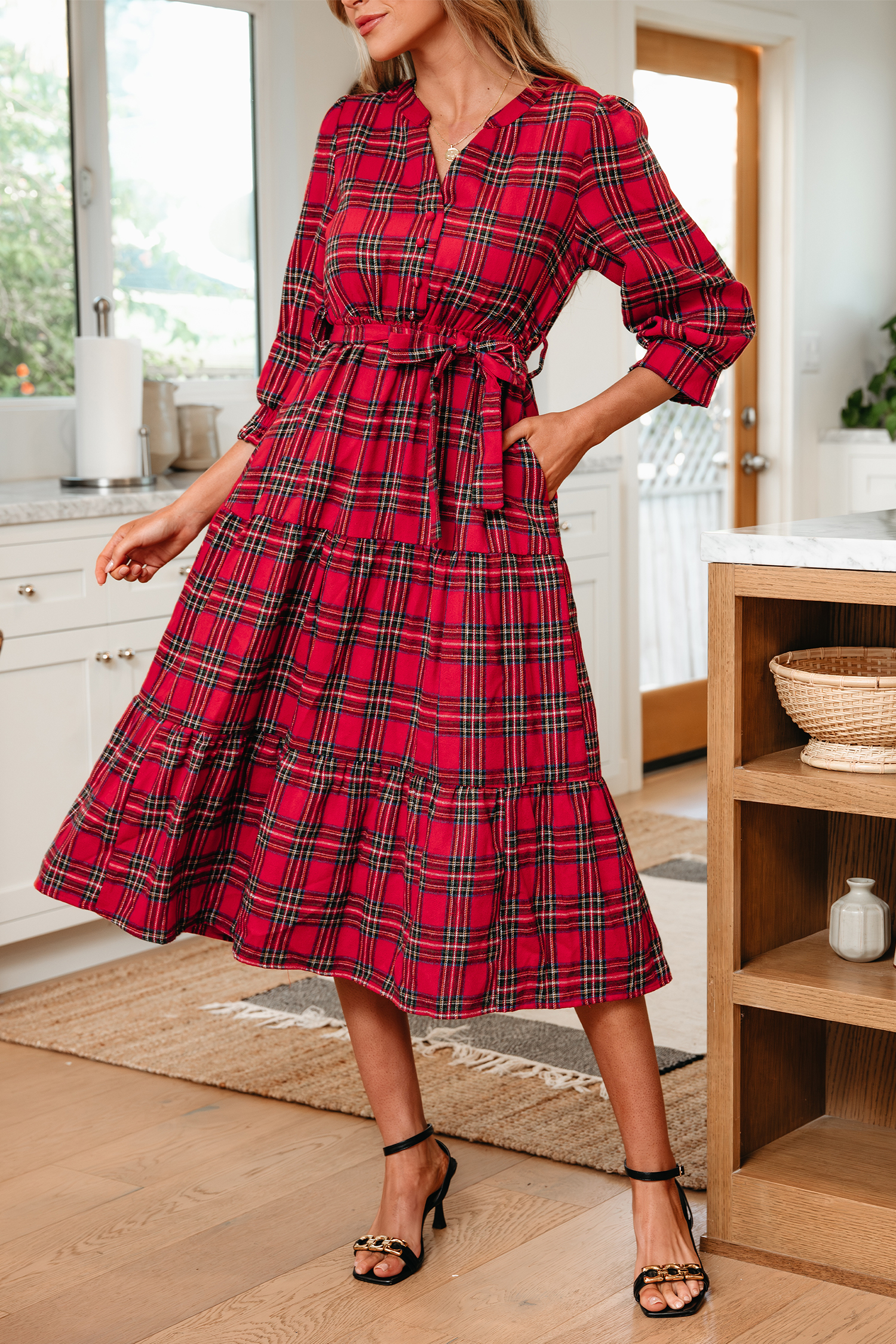Red Christmas Plaid V Neck 3/4 Sleeve Tie Waist Ruffle Hem Long Dress - loveforevers