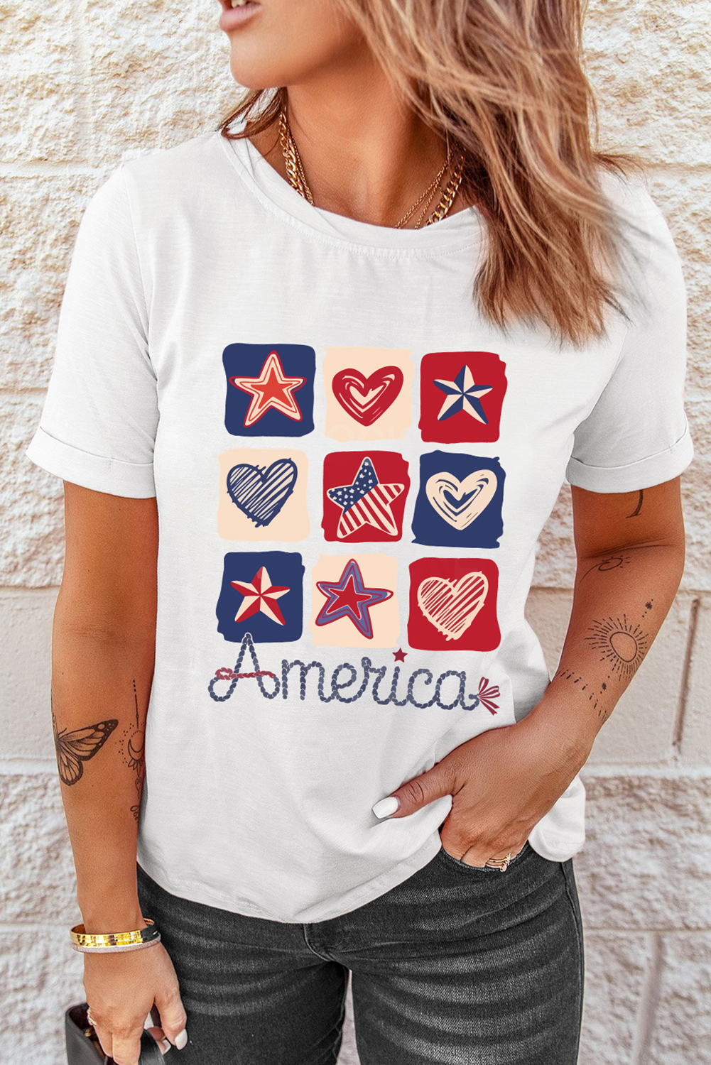 White American Heart Star Checkered Graphic Tee - loveforevers