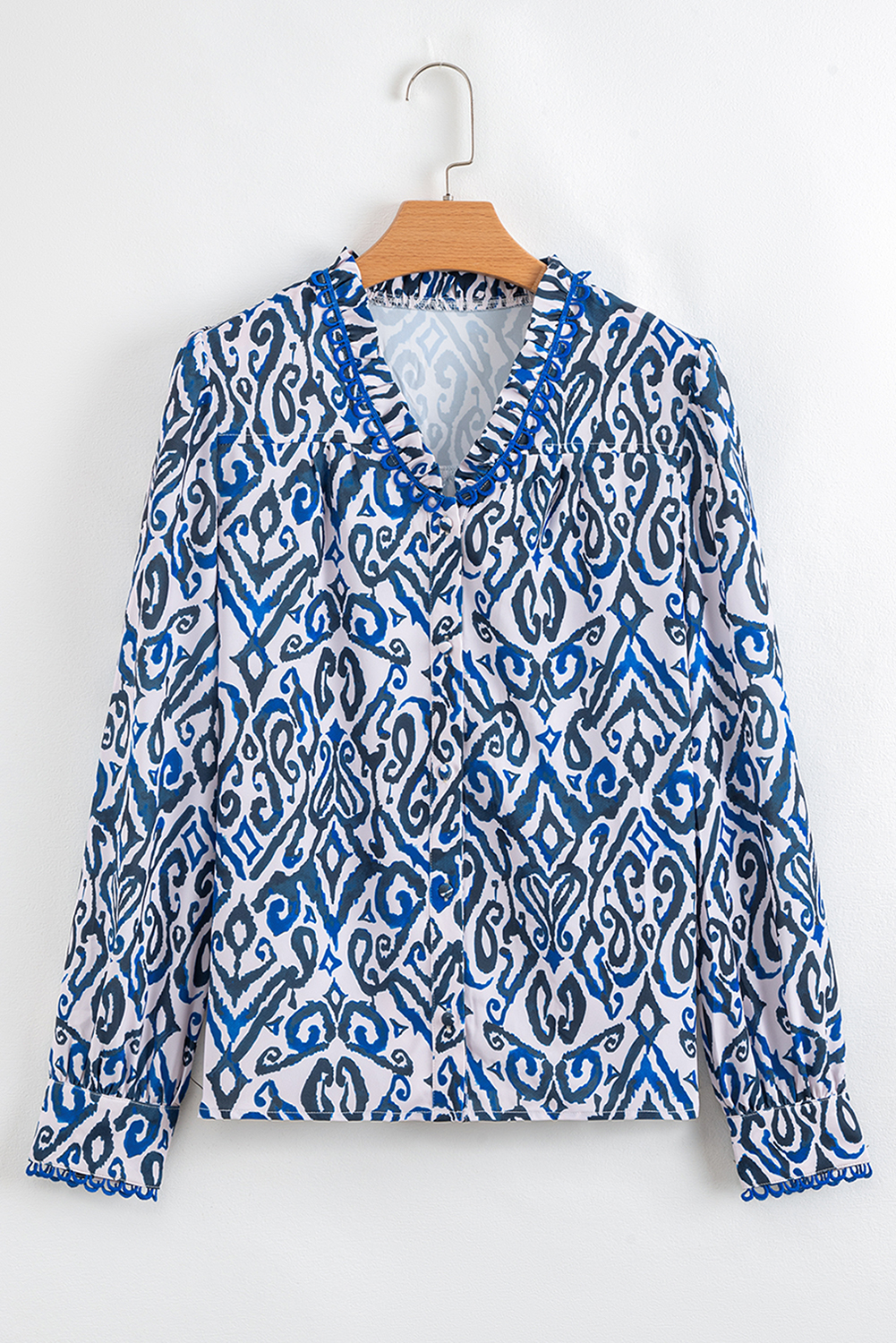 Blue Bohemian Print Embroidered V Neckline Detail Long Sleeve Shirt - loveforevers