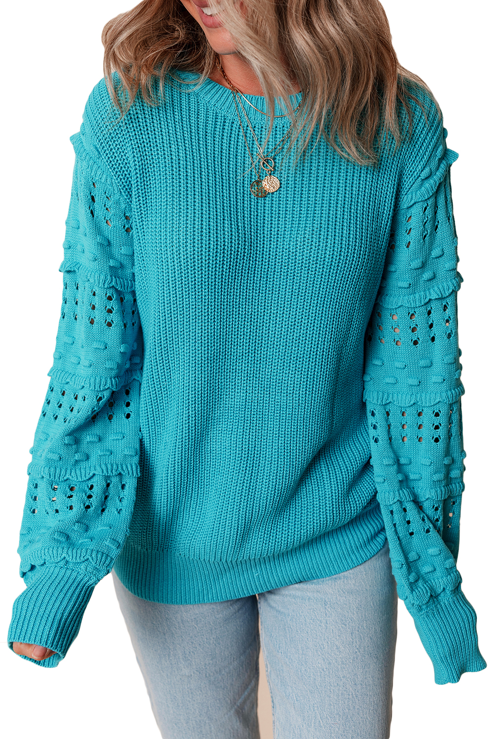 Turquoise Ruffled Eyelet Bubble Sleeve Sweater - loveforevers