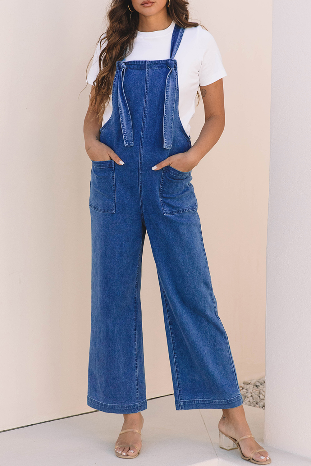 Prussian Blue Mineral Wash Knotted Strap Patched Pocket Wide Leg Denim Overall - loveforevers