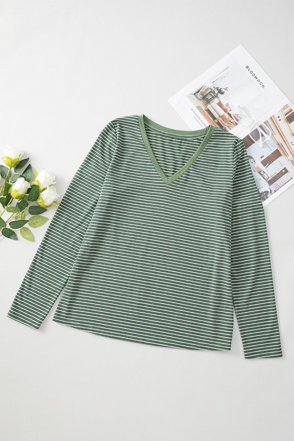 Green Stripe V Neck Stretchy Long Sleeve Top - loveforevers