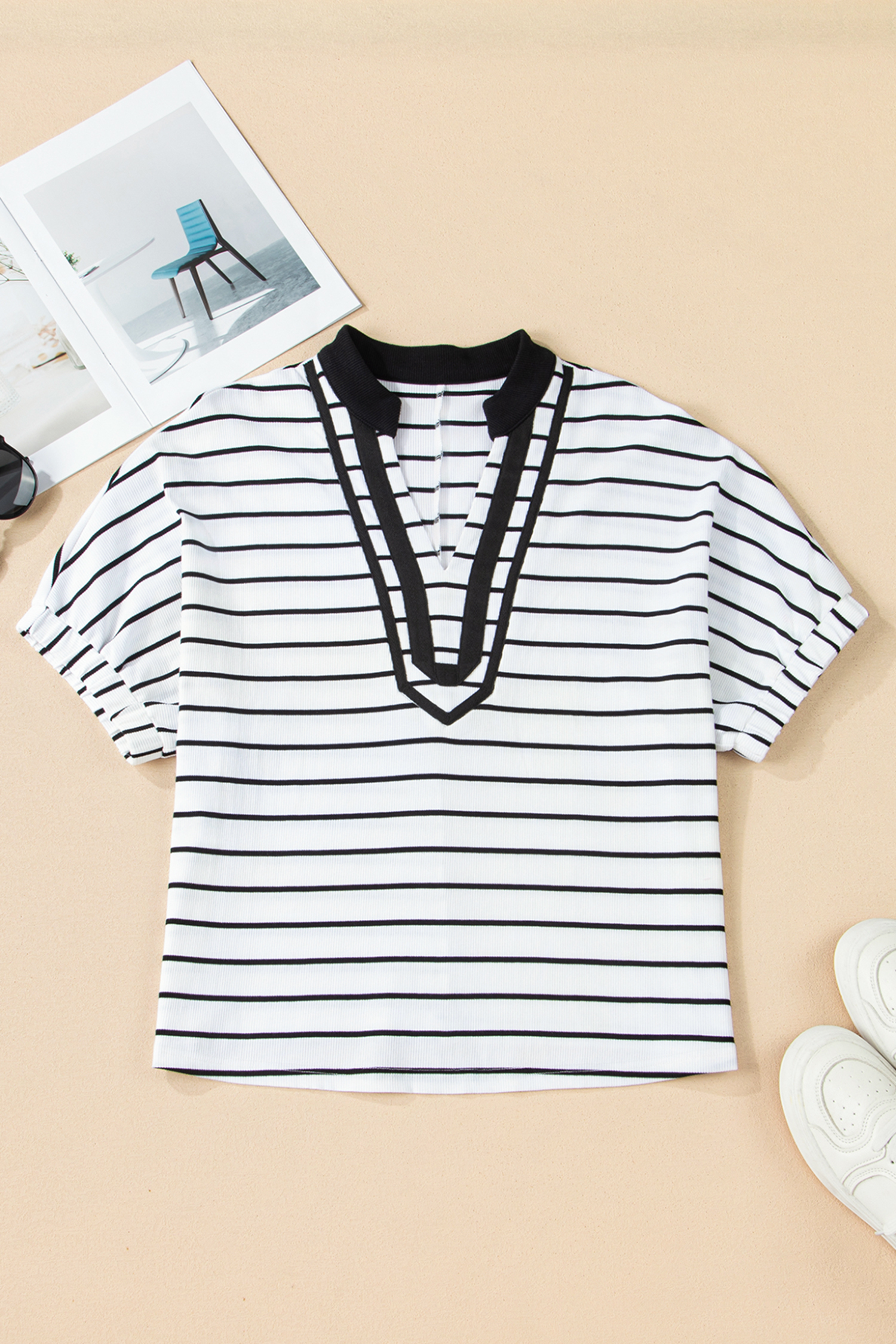 White Stripe Stand Collar V Neck Elastic Cuffs Half Sleeve Dolman Top - loveforevers