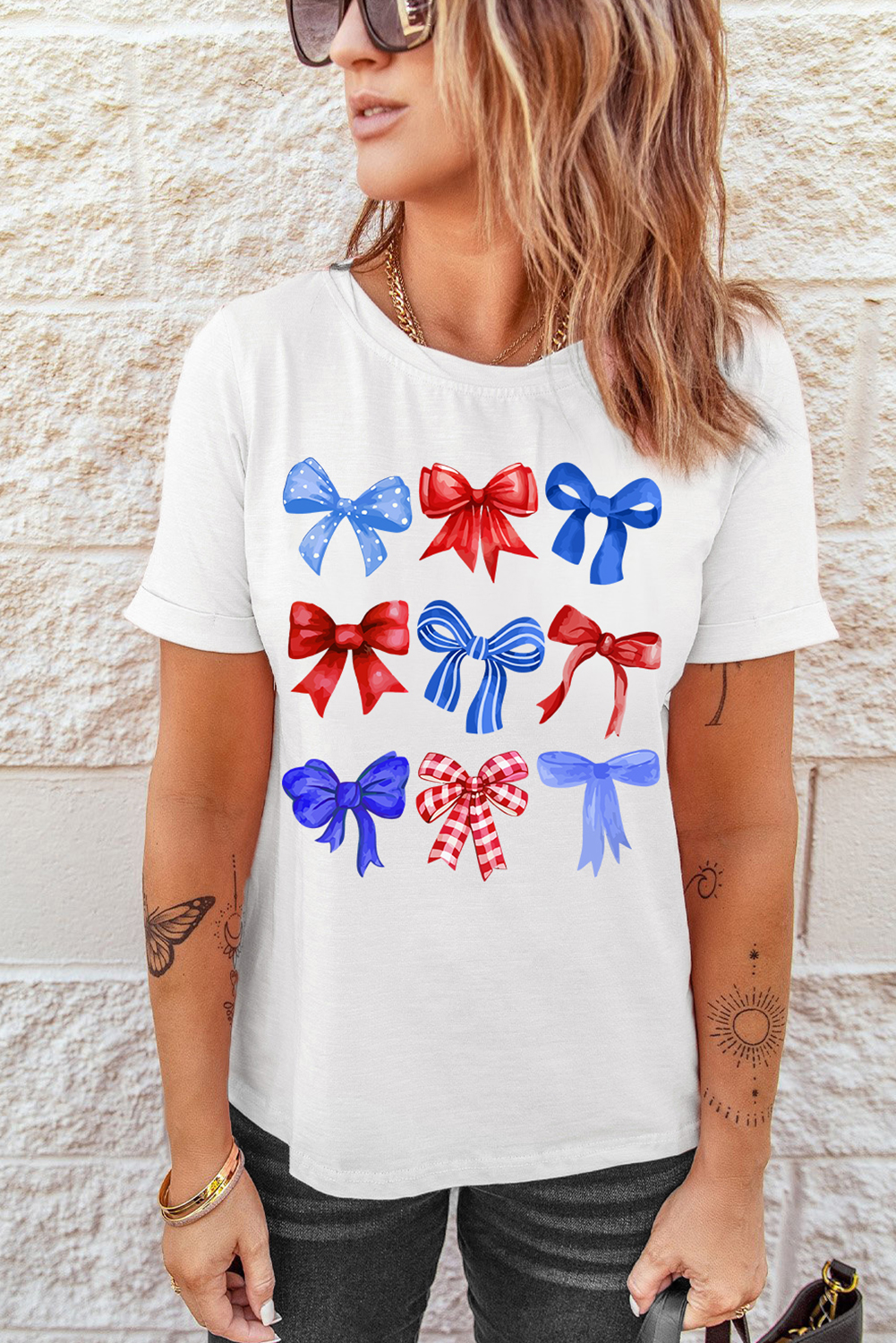 White USA Inspire Bow Print Crewneck Independence Day Tee - loveforevers