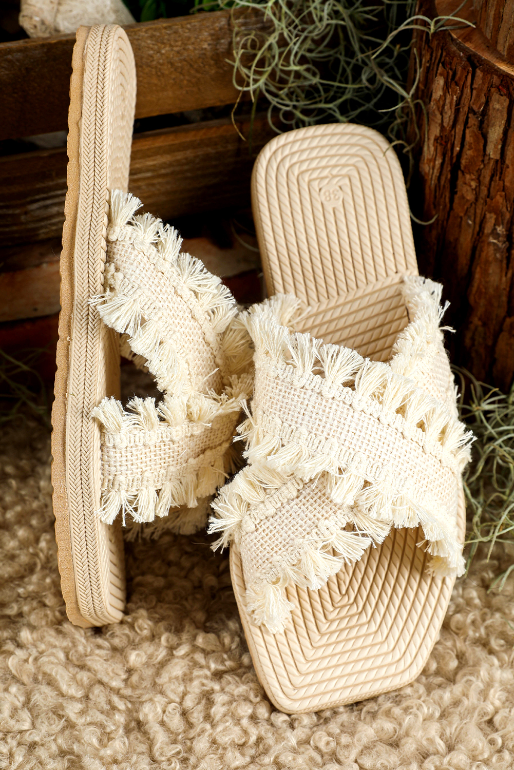 Beige Tassel Woven Crossed Straps Flat Slippers - loveforevers