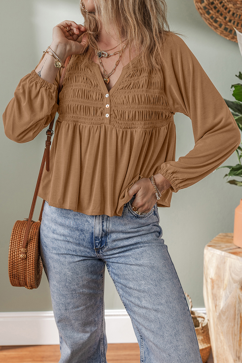 Black Smocked Bust Buttoned Split V Neck Flow Fit Blouse - loveforevers