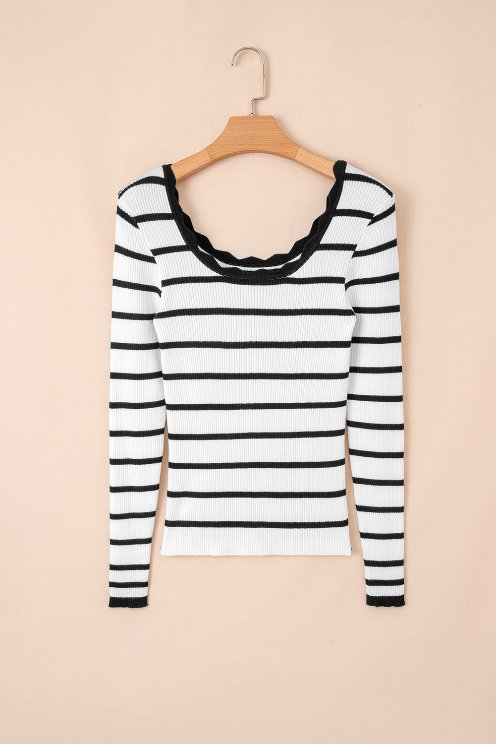 Black white Scalloped Trim U Neck Striped Ribbed Slim Sweater - loveforevers