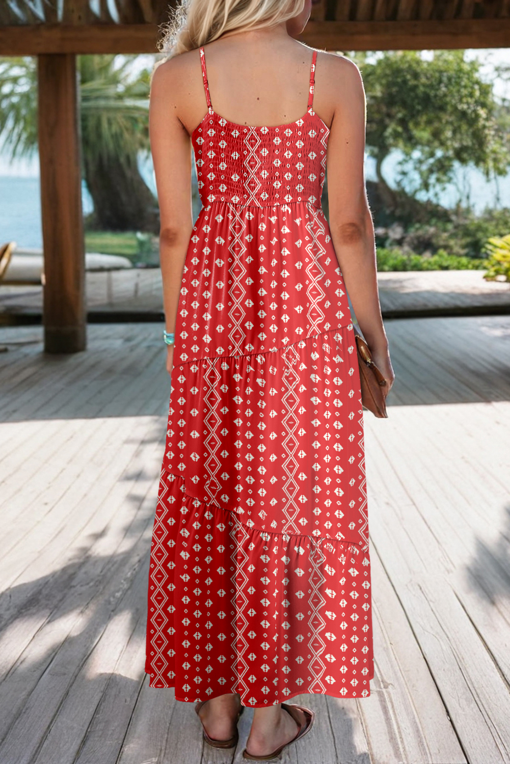Red Boho Fashion Print Spaghetti Straps Drawstring Maxi Dress - loveforevers