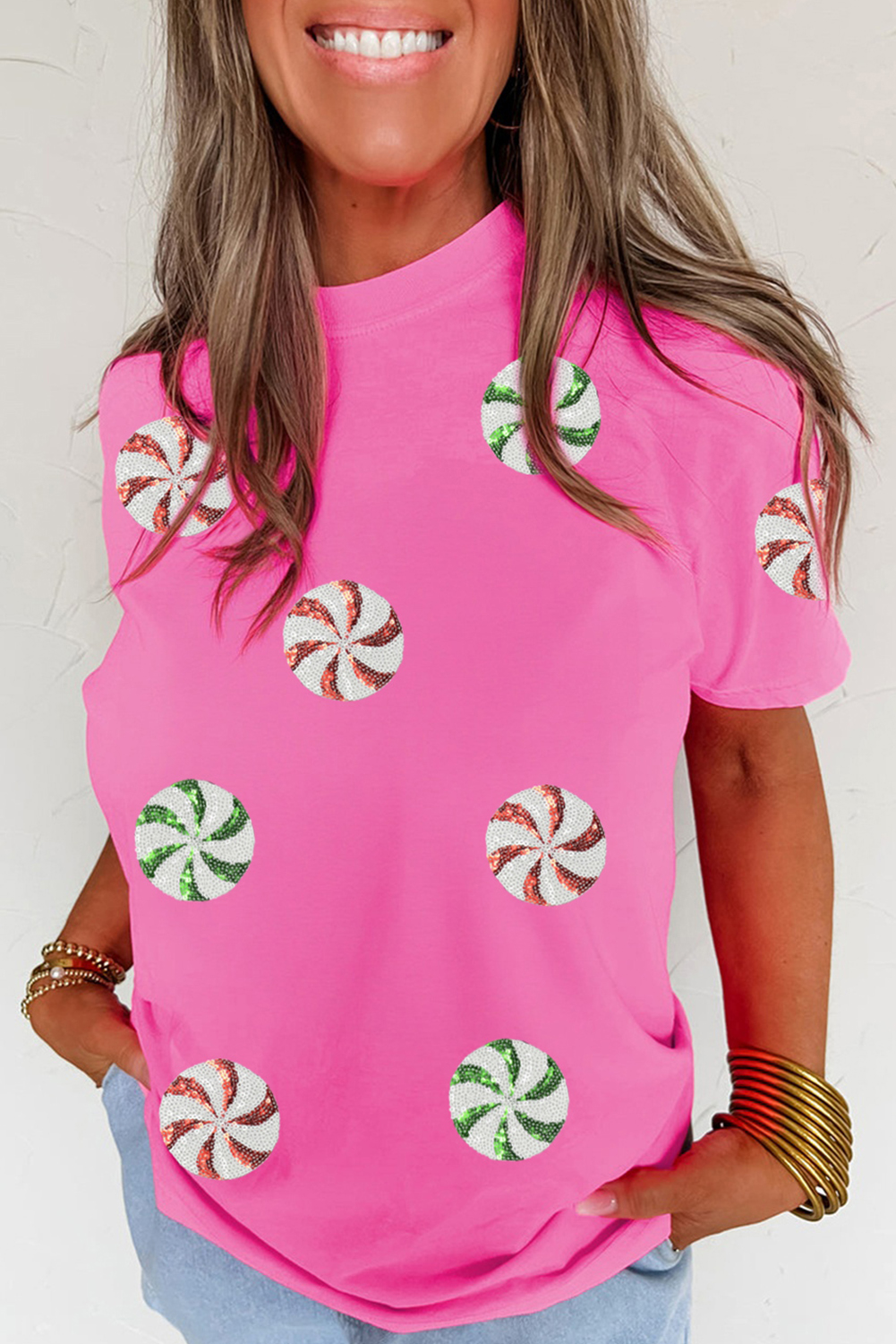 Sachet Pink Sequined Peppermint Pattern Christmas Custom T Shirt - loveforevers