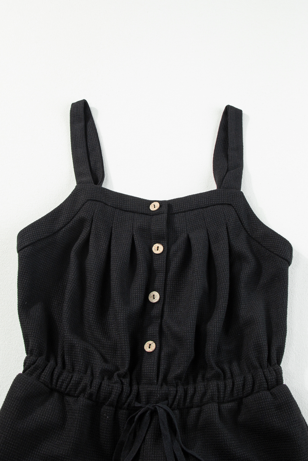 Black Knotted Straps Button Textured Drawstring Jumpsuit - loveforevers