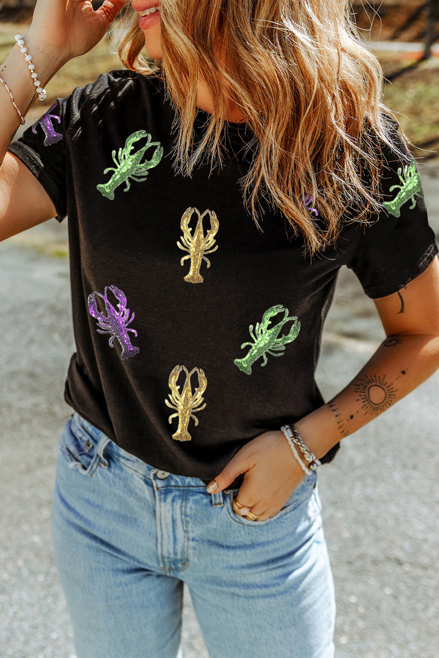 Black Lobster Patched Pattern Festive T Shirt - loveforevers