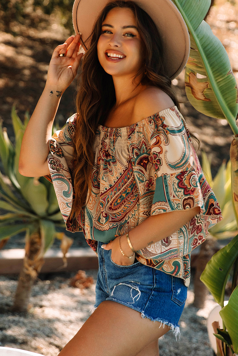 Apricot Paisley Printed Shirred Off Shoulder Ruffled Draped Sleeve Blouse - loveforevers