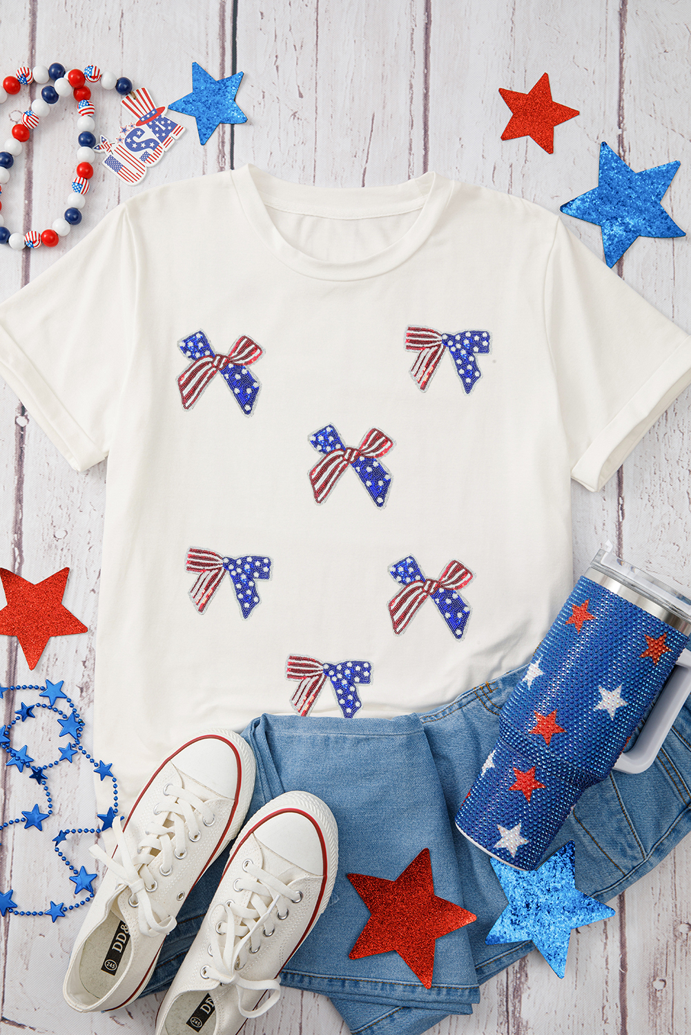White Sequin Flag Bow Pattern Crew Neck Patriotic Tee - loveforevers