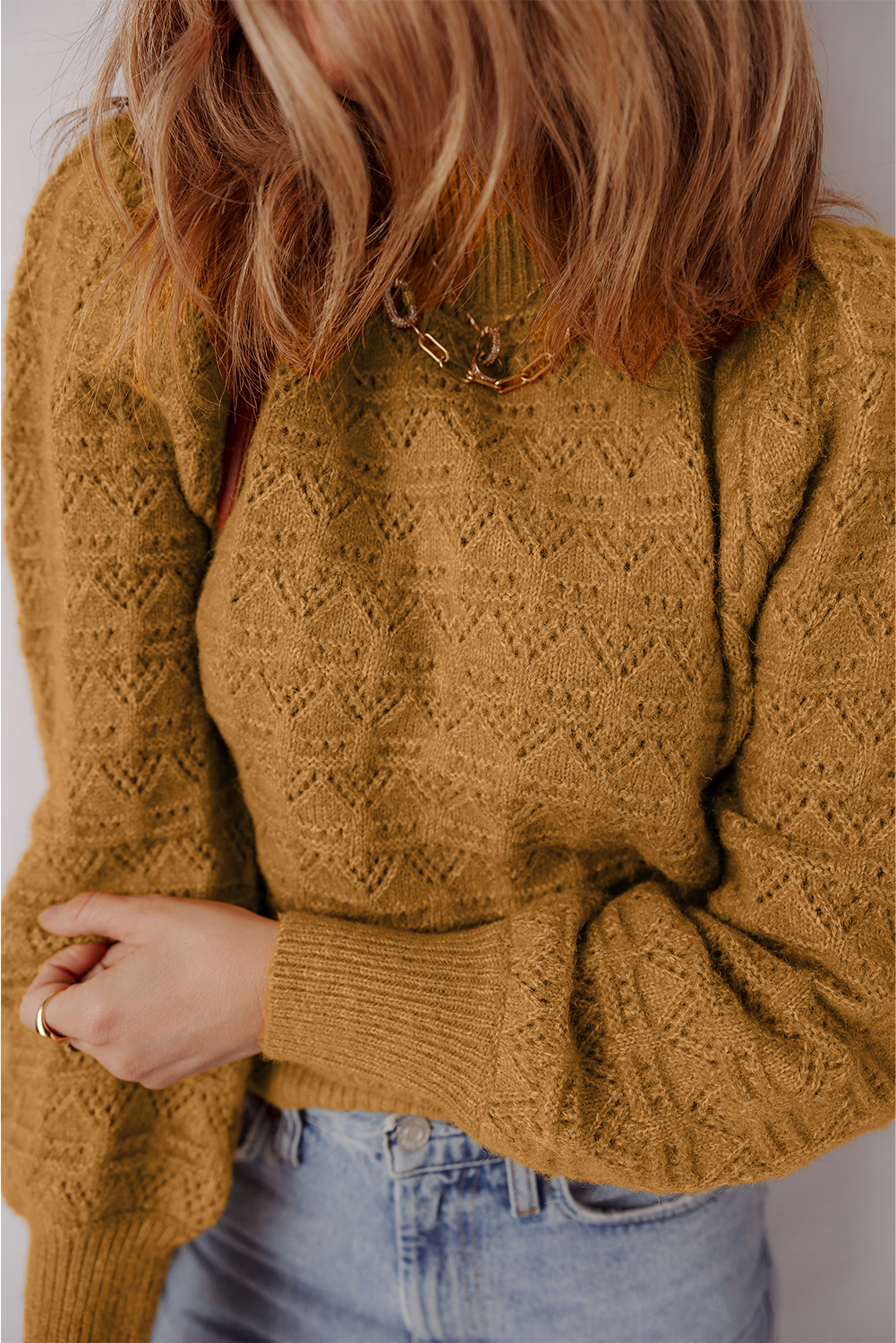 Jurassic Gold Hollow Out Crochet Ribbed Edge Balloon Sleeve Sweater - loveforevers