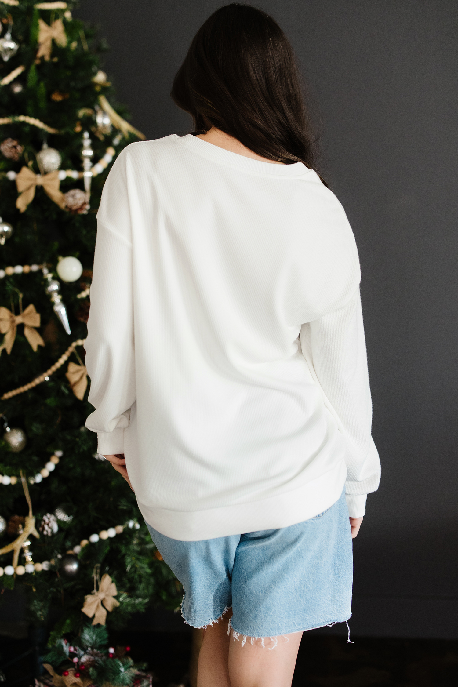 White Merry Tinsel Letter Embroidery Ribbed Drop Shoulder Sweatshirt - loveforevers