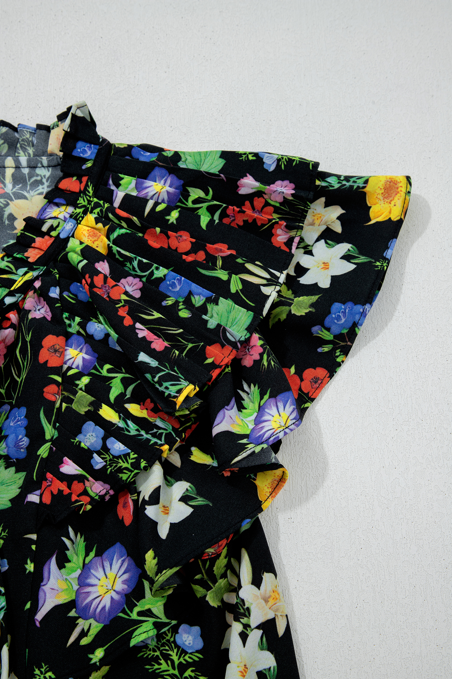 Black Tiered Flutter Sleeve V Neck Flower Blouse - loveforevers