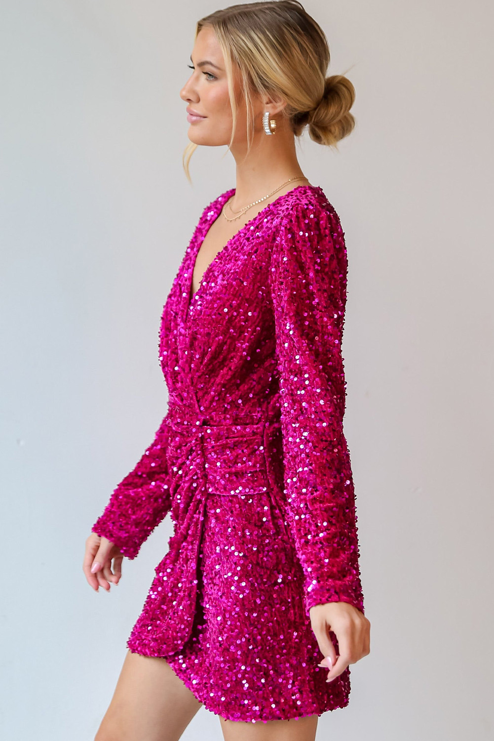 Pitaya Pink Velvet Sequin Long Sleeve V Neck Wrapped Mini Dress - loveforevers