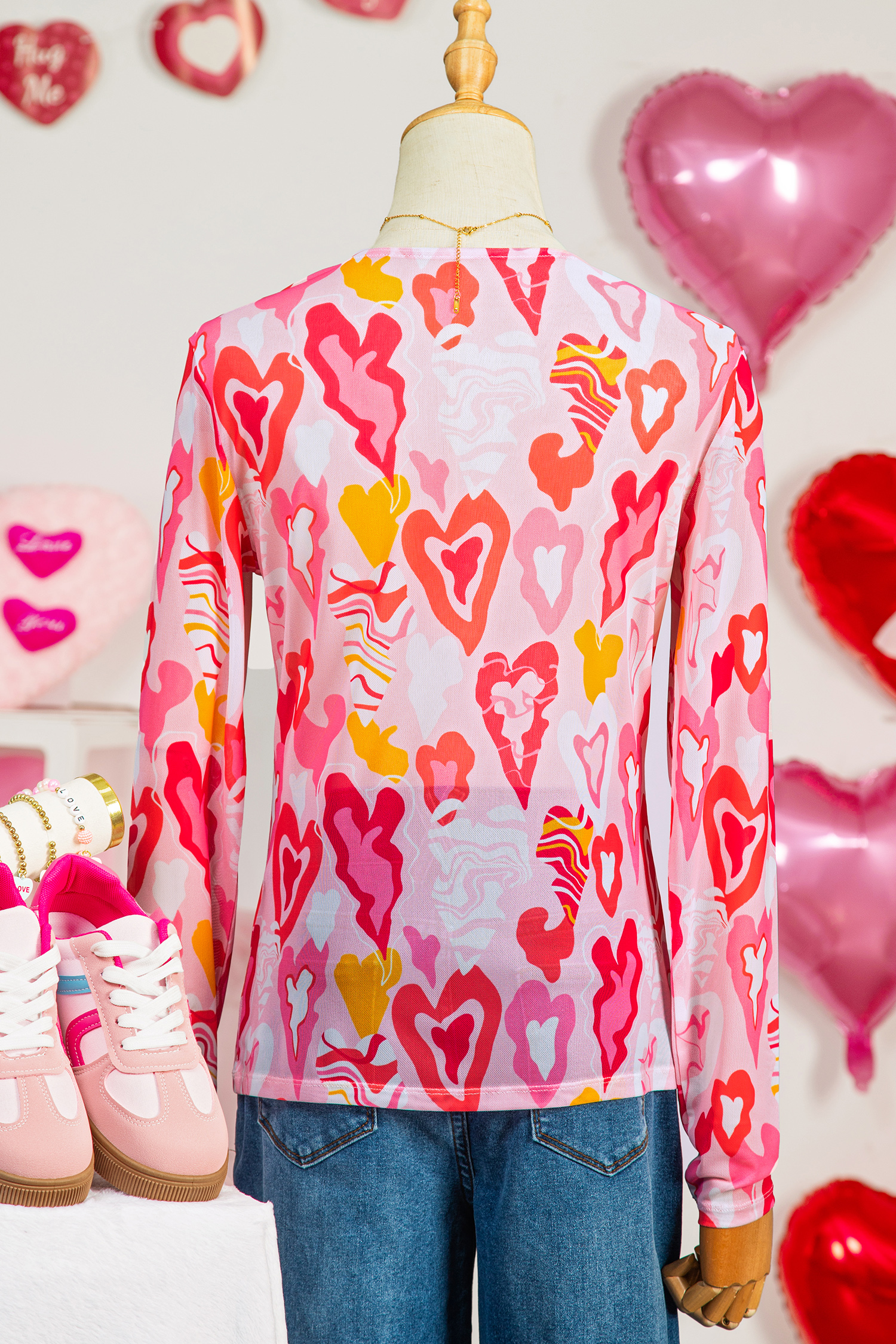 Rose Valentine Heart Mesh Long Sleeve Top - loveforevers