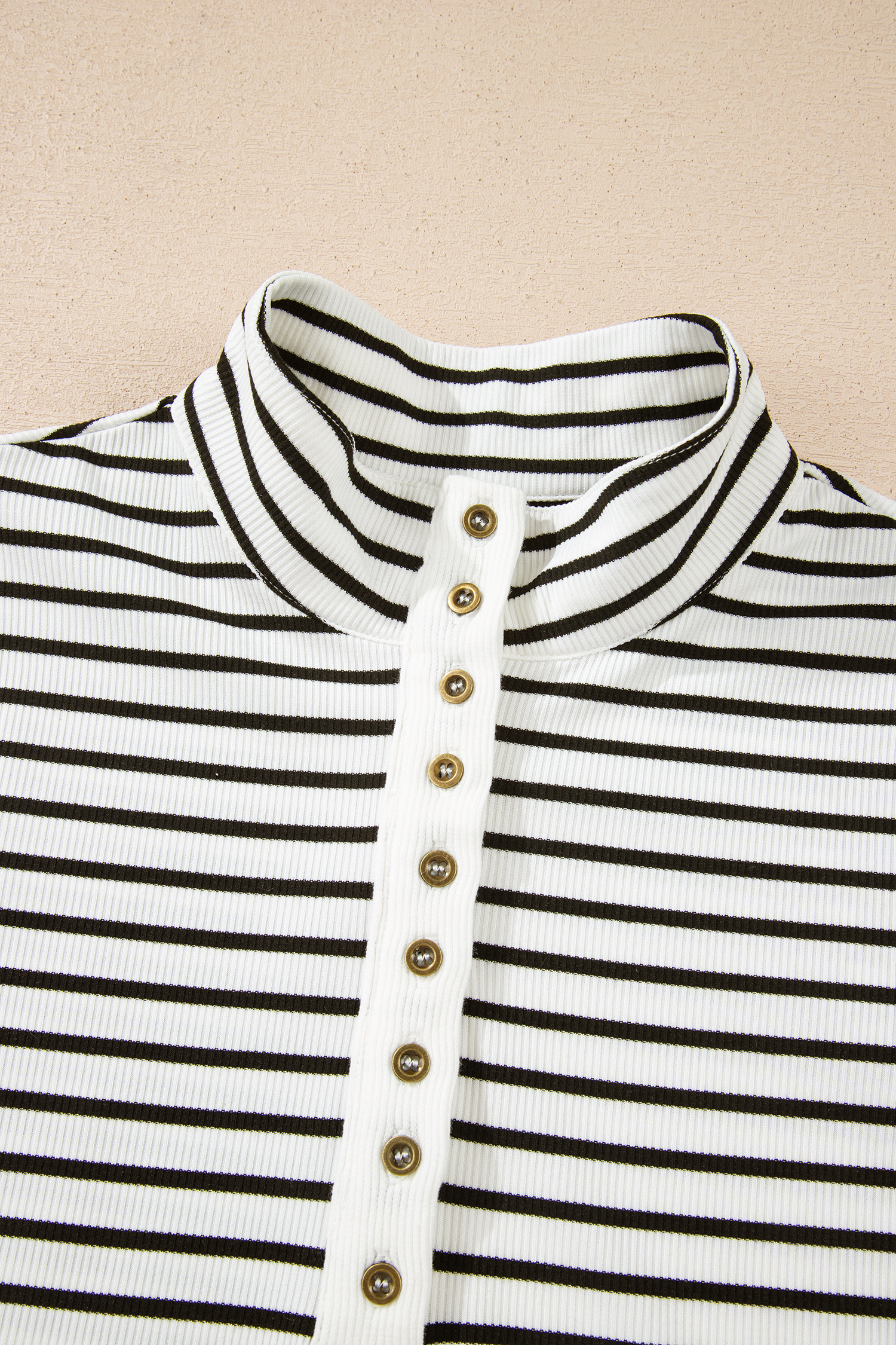 Black Stripe Ribbed Knit Half Button Long Sleeve Slim Top - loveforevers