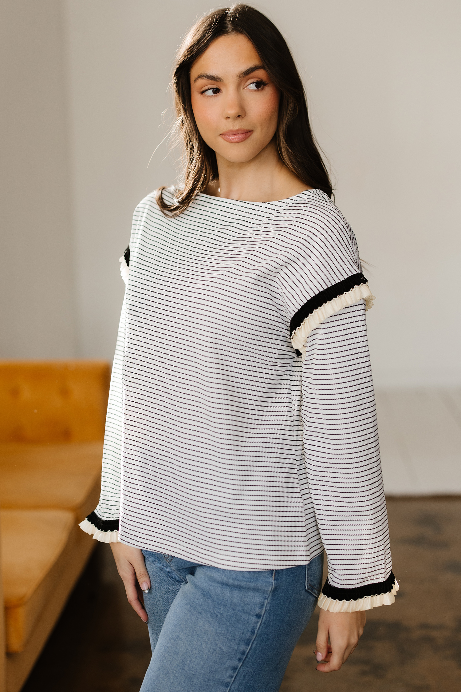 White Stripe Contrasted Ruffle Trim Loose Long Sleeve Top - loveforevers