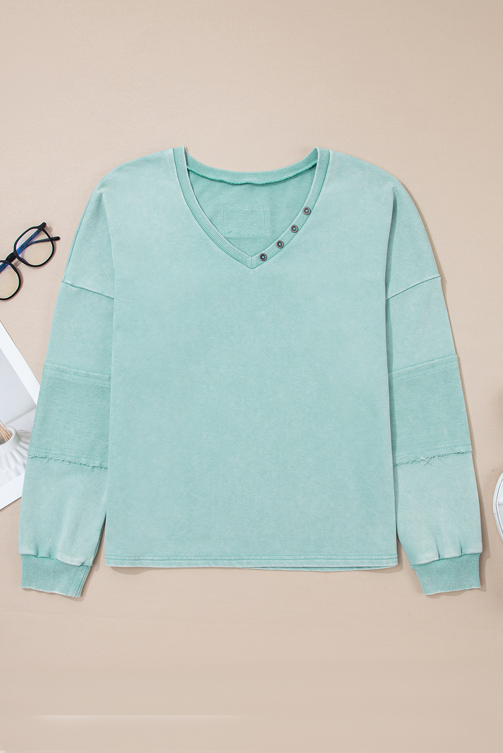 Mist Blue Mineral Wash Exposed Seam Buttoned V Neck Pullover Top - loveforevers