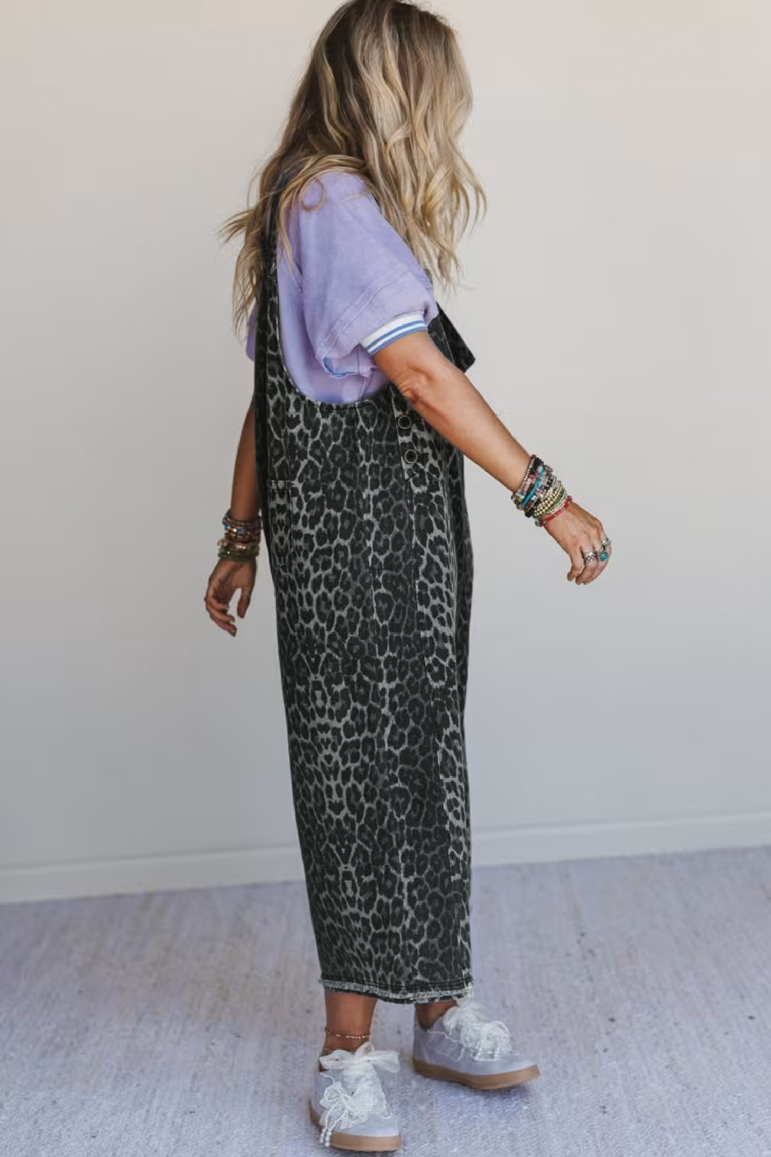 Gray Leopard Print Button Adjustable Straps Cropped Loose Denim Overalls - loveforevers