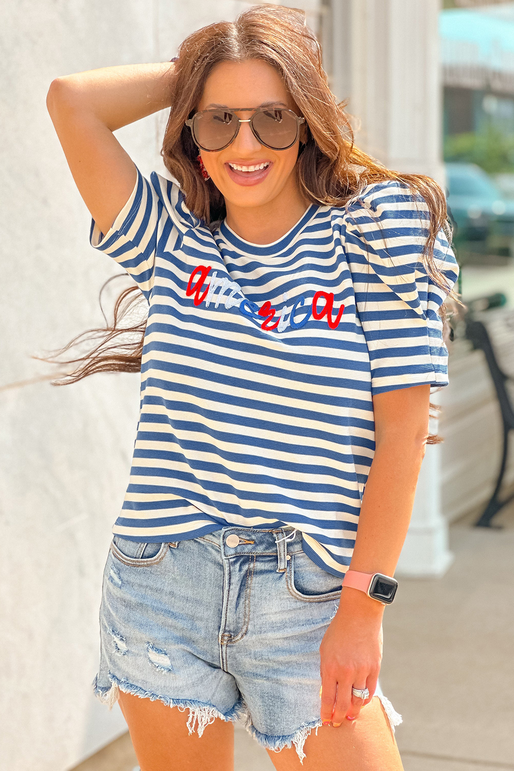 Blue Stripe America Cursive Graphic Puff Sleeve T-shirt - loveforevers