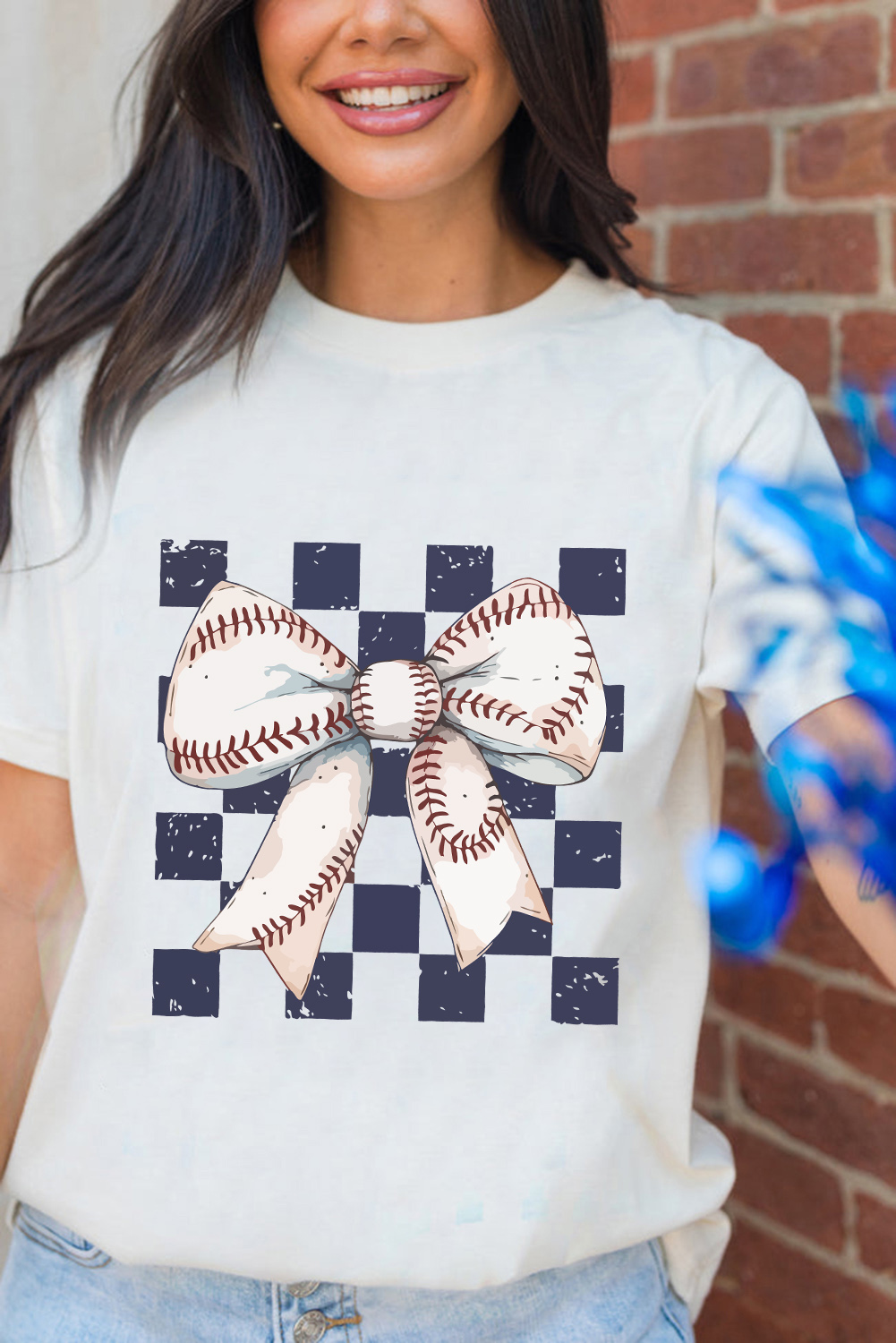 White Checkered Rugby Bowknot Graphic Crew T Shirt - loveforevers