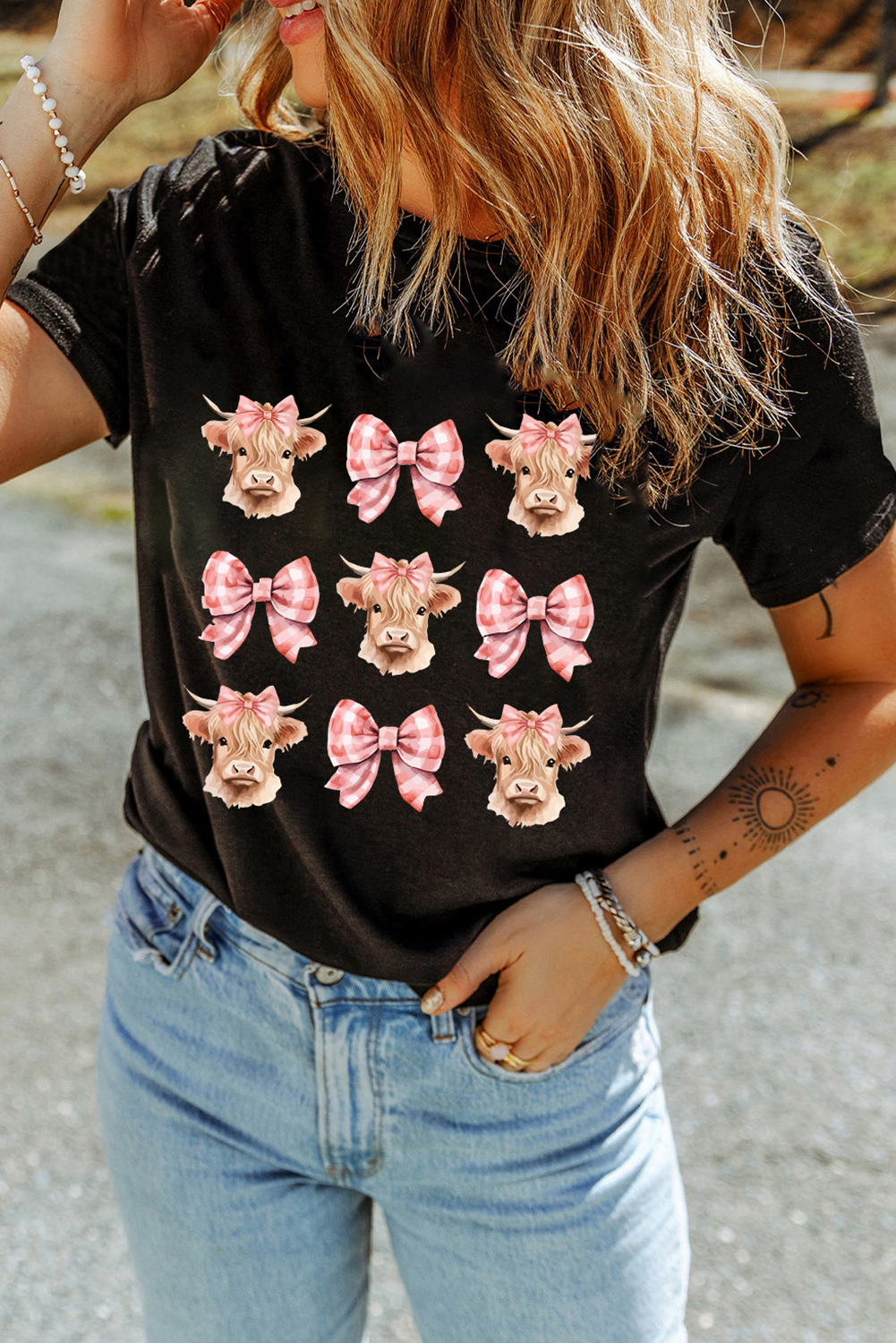 Black Cow with Bow Graphic Crewneck Western Tee - loveforevers