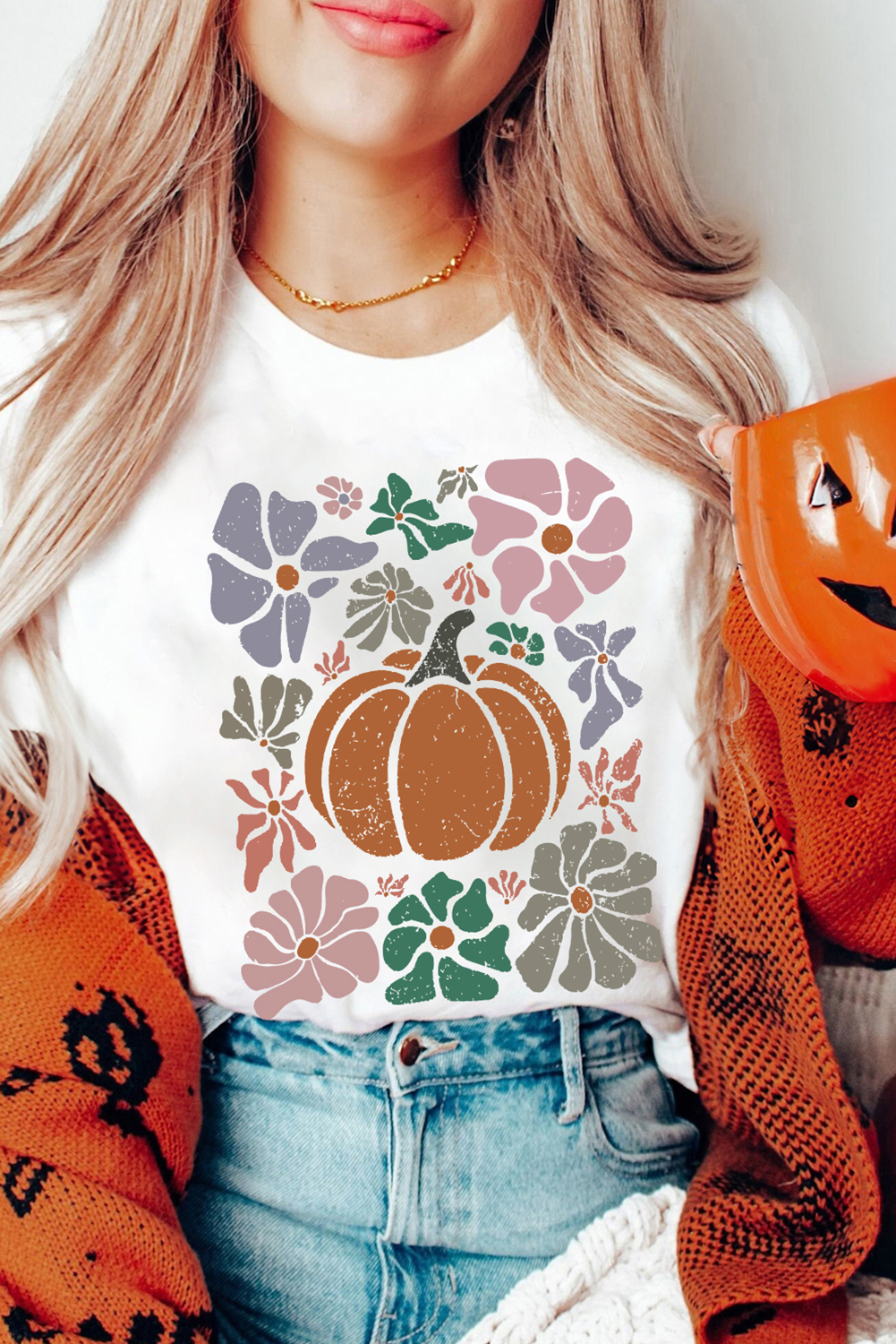 White Flower Pumpkin Distressed Graphic T Shirt - loveforevers