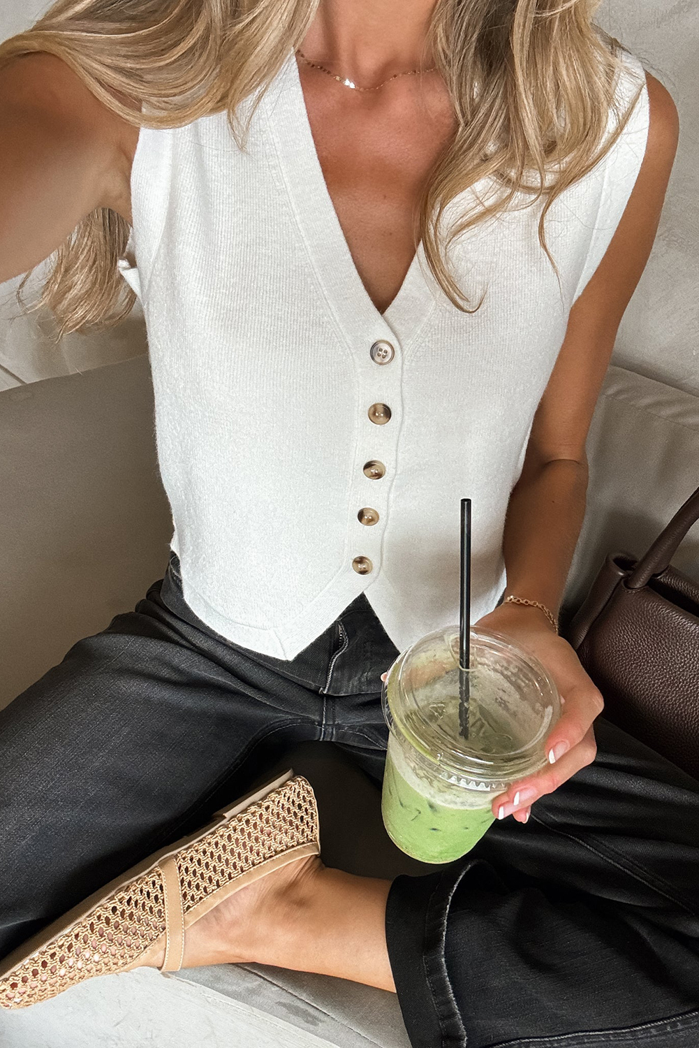 White V Neck Buttoned Sweater Vest - loveforevers
