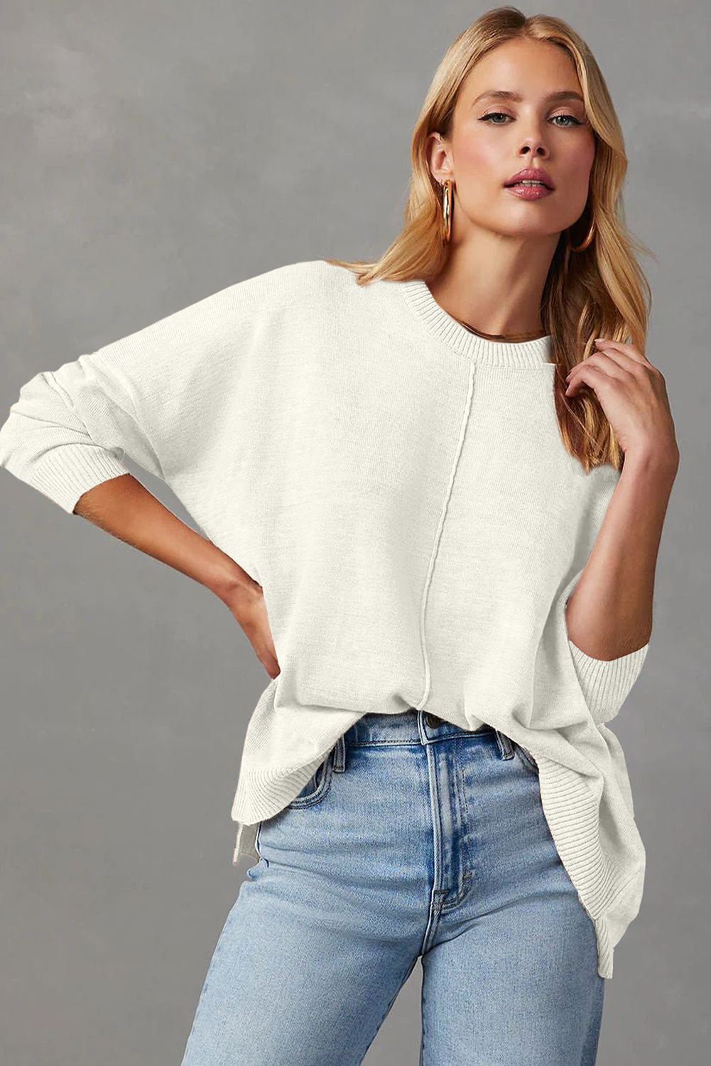 White Front Center Seam Drop Shoulder Pullover Solid Sweater - loveforevers